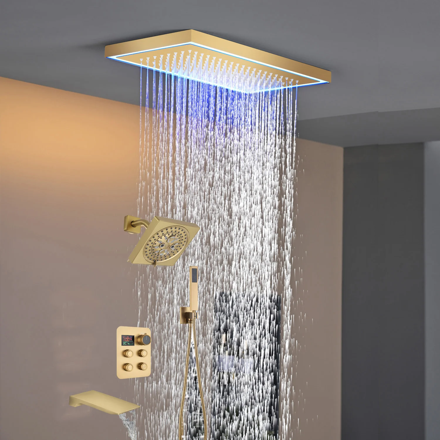Matte black or Brushed nickel or Brushed Gold 16 x 8-Inch Rainfall Flush Mount Shower Head with 4-Way Digital Display Thermostatic Faucet, Tub Spout, and High-Pressure Wall Mount Head - Image 26