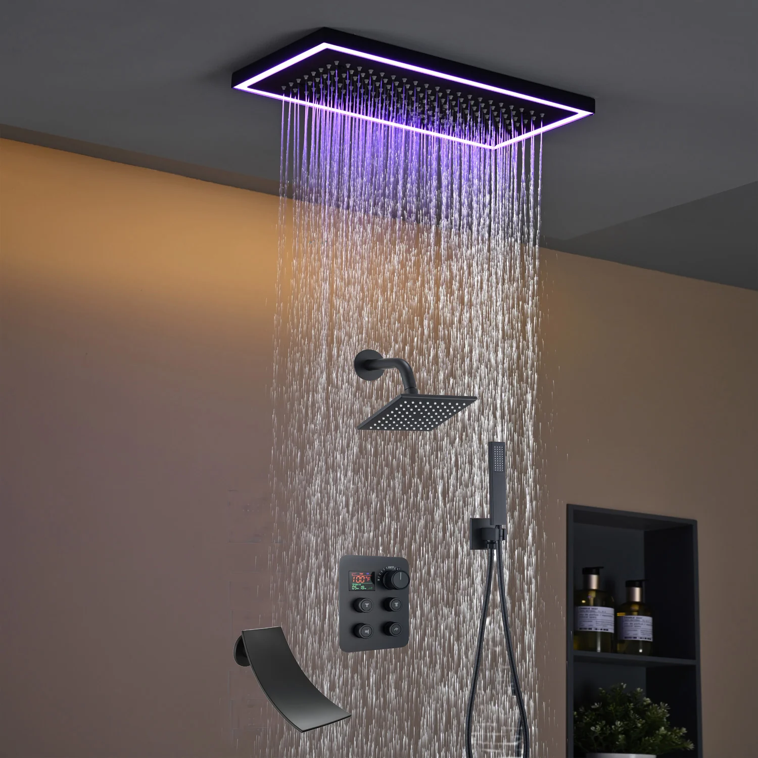 Matte black or Brushed nickel or Brushed Gold 16 x 8-Inch Rainfall Flush Mount Shower Head with 4-Way Digital Display Thermostatic Faucet, Tub Spout, and High-Pressure Wall Mount Head - Image 3