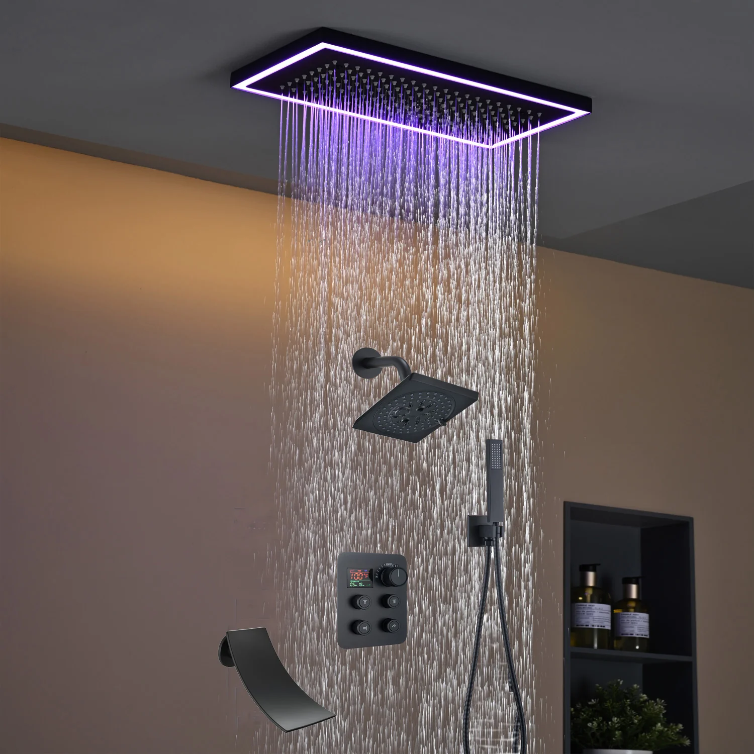 Matte black or Brushed nickel or Brushed Gold 16 x 8-Inch Rainfall Flush Mount Shower Head with 4-Way Digital Display Thermostatic Faucet, Tub Spout, and High-Pressure Wall Mount Head - Image 4