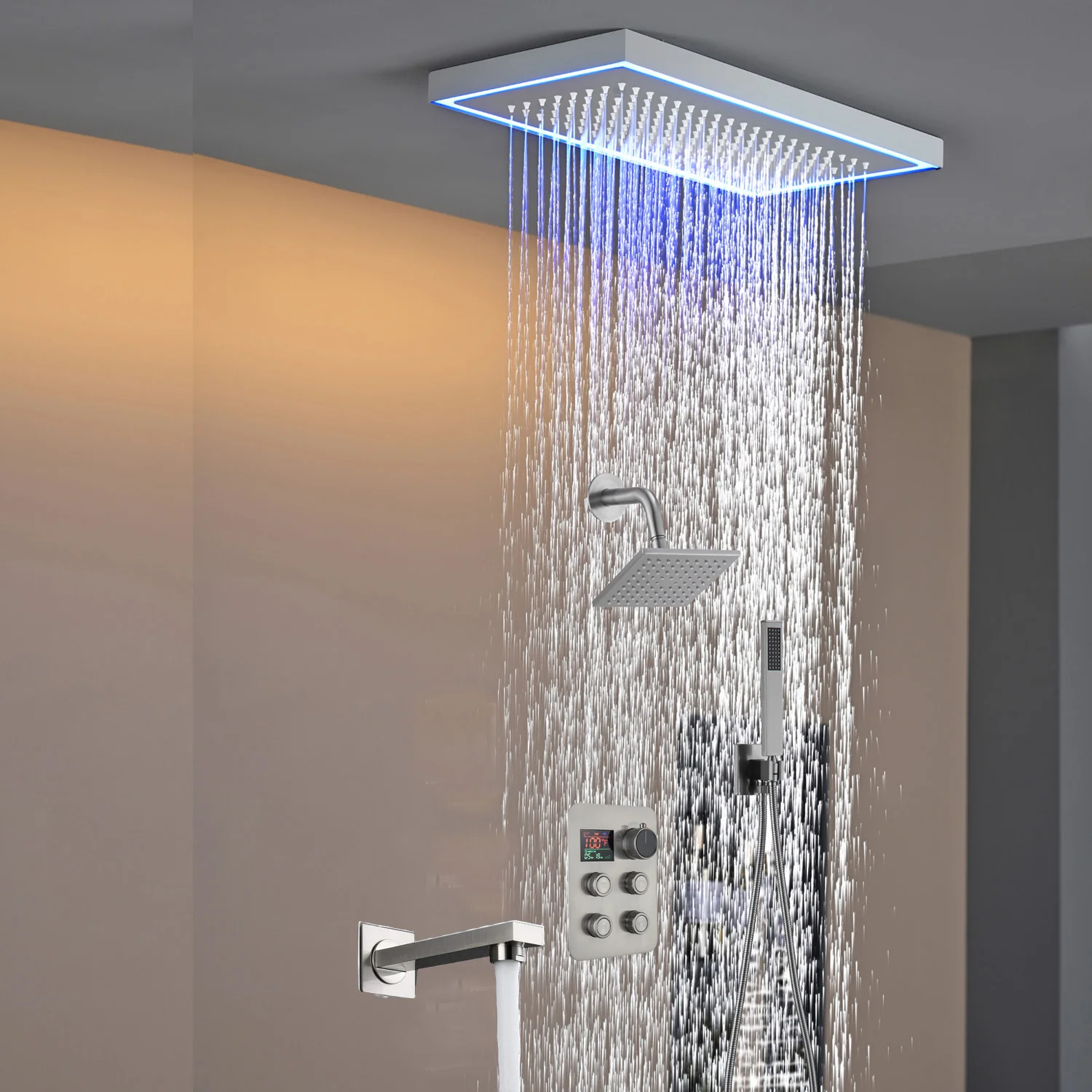 Matte black or Brushed nickel or Brushed Gold 16 x 8-Inch Rainfall Flush Mount Shower Head with 4-Way Digital Display Thermostatic Faucet, Tub Spout, and High-Pressure Wall Mount Head - Image 40