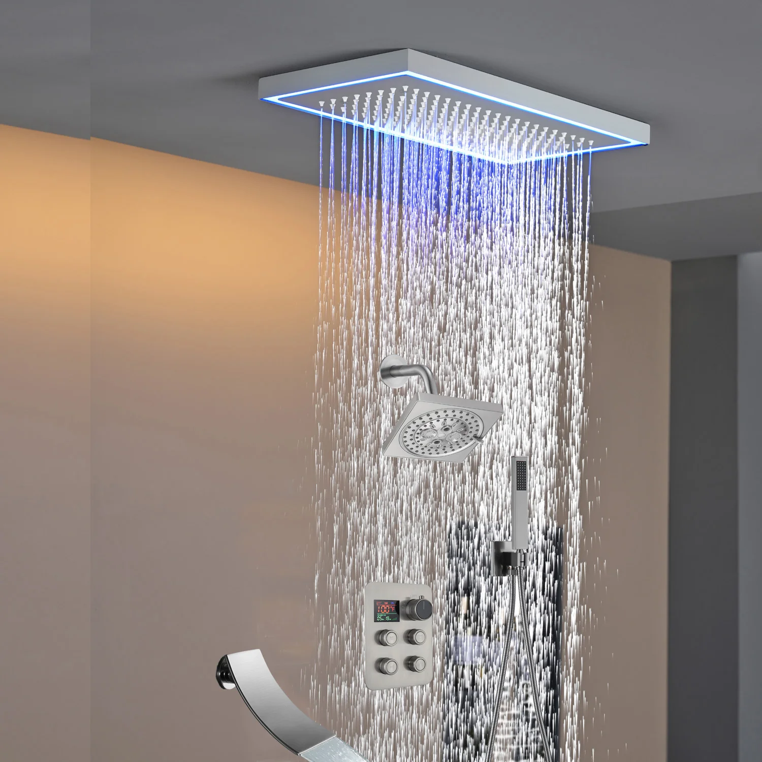 Matte black or Brushed nickel or Brushed Gold 16 x 8-Inch Rainfall Flush Mount Shower Head with 4-Way Digital Display Thermostatic Faucet, Tub Spout, and High-Pressure Wall Mount Head - Image 42
