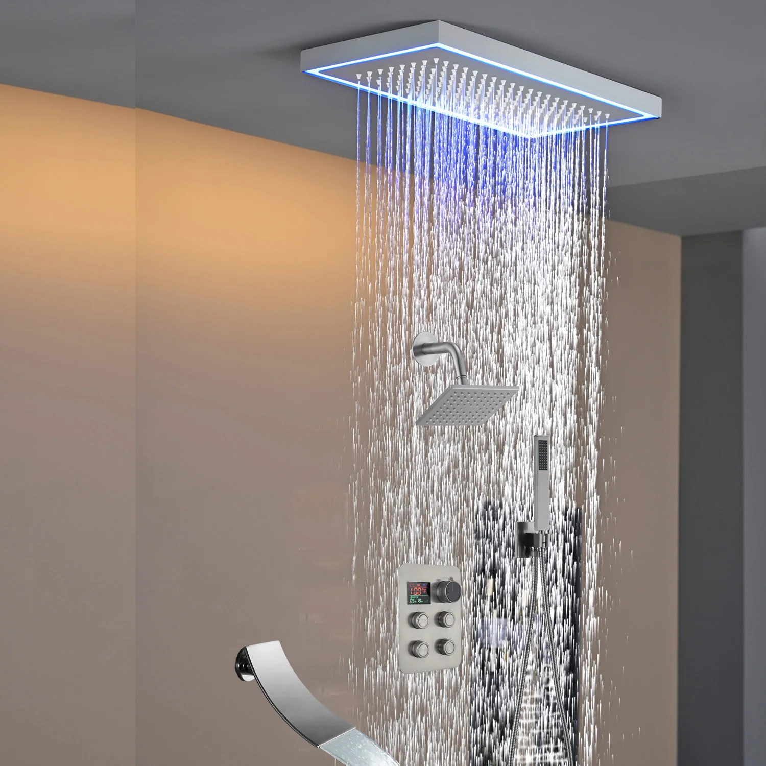 Matte black or Brushed nickel or Brushed Gold 16 x 8-Inch Rainfall Flush Mount Shower Head with 4-Way Digital Display Thermostatic Faucet, Tub Spout, and High-Pressure Wall Mount Head - Image 43