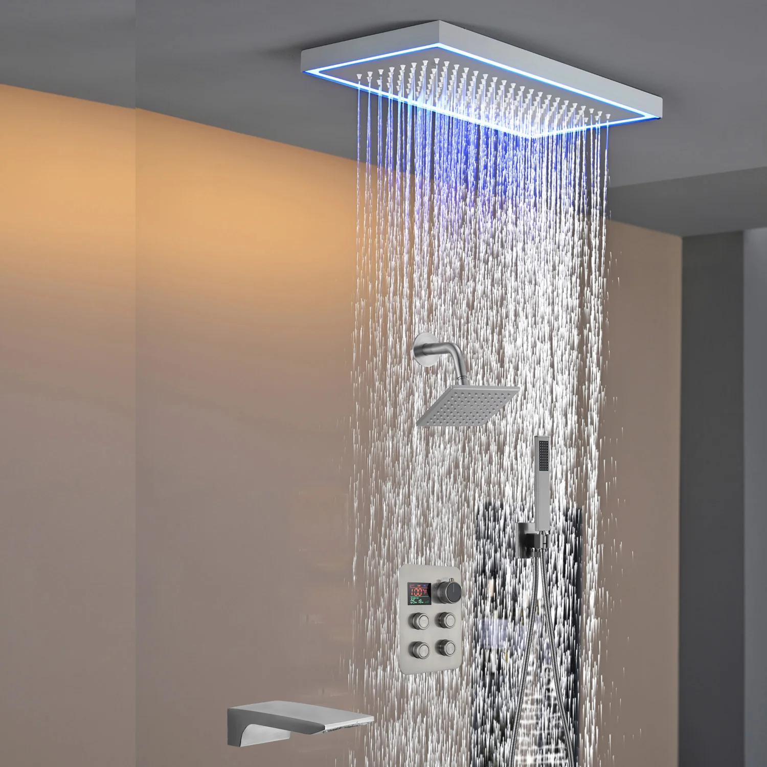 Matte black or Brushed nickel or Brushed Gold 16 x 8-Inch Rainfall Flush Mount Shower Head with 4-Way Digital Display Thermostatic Faucet, Tub Spout, and High-Pressure Wall Mount Head - Image 44