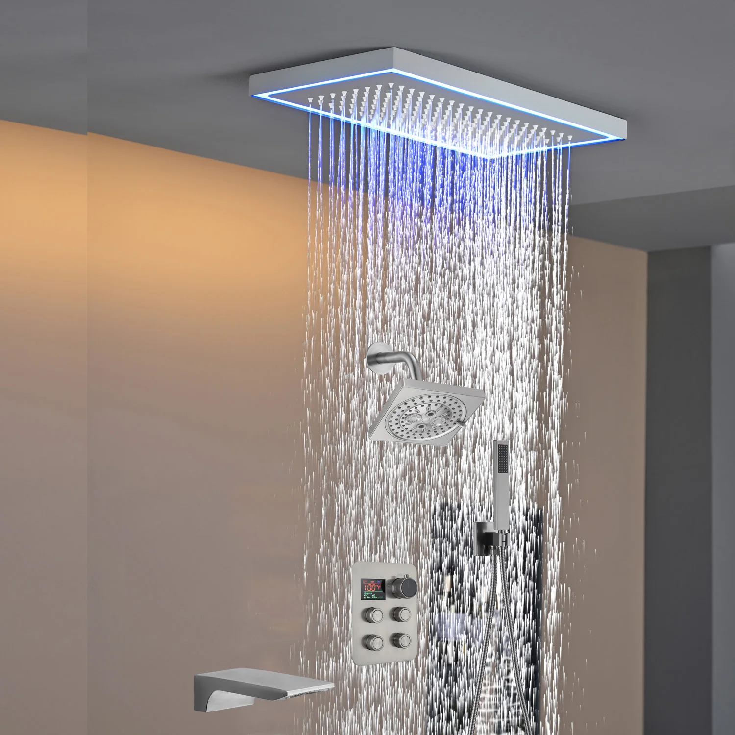 Matte black or Brushed nickel or Brushed Gold 16 x 8-Inch Rainfall Flush Mount Shower Head with 4-Way Digital Display Thermostatic Faucet, Tub Spout, and High-Pressure Wall Mount Head - Image 45