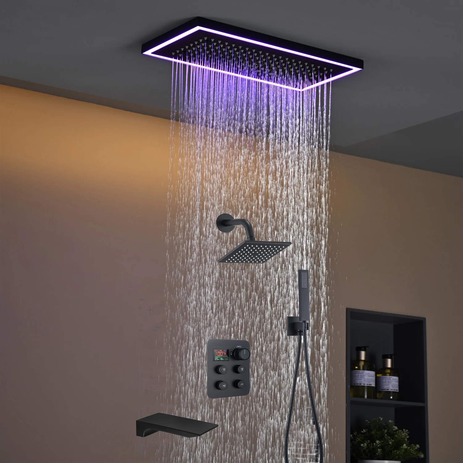 Matte black or Brushed nickel or Brushed Gold 16 x 8-Inch Rainfall Flush Mount Shower Head with 4-Way Digital Display Thermostatic Faucet, Tub Spout, and High-Pressure Wall Mount Head - Image 5