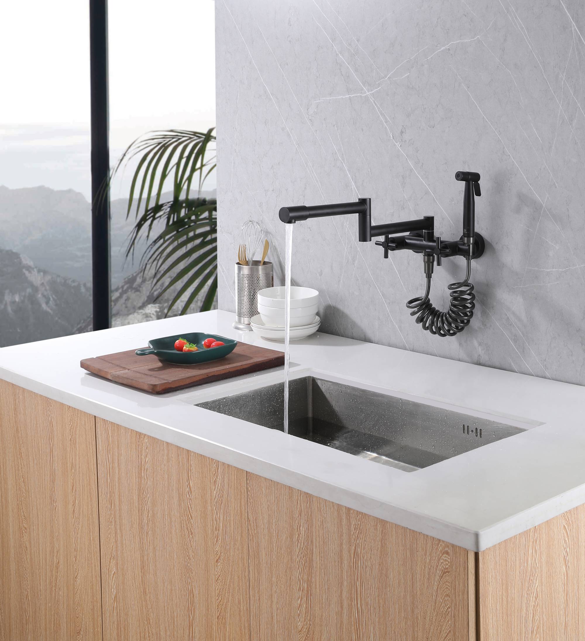 Matte black Pot Filler Faucet Folding Stretchable Brass Hot & Cold Kitchen Faucet Wall Mount with side sprayer - Image 2