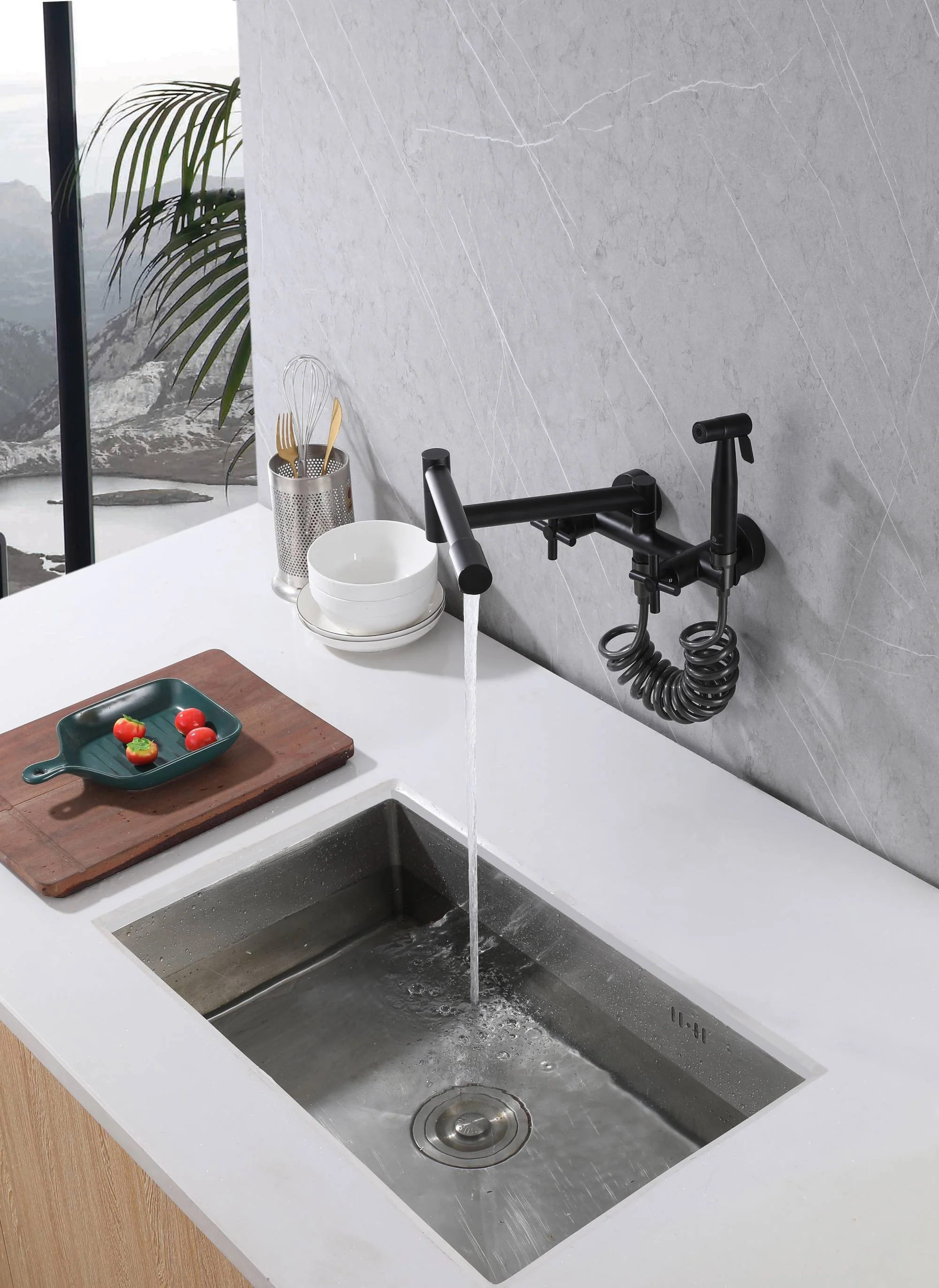 Matte black Pot Filler Faucet Folding Stretchable Brass Hot & Cold Kitchen Faucet Wall Mount with side sprayer - Image 3