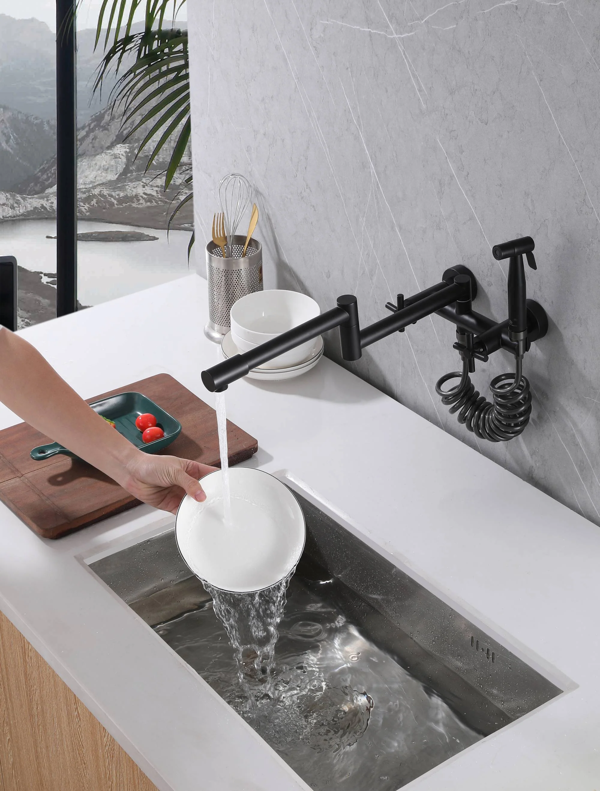 Matte black Pot Filler Faucet Folding Stretchable Brass Hot & Cold Kitchen Faucet Wall Mount with side sprayer - Image 4