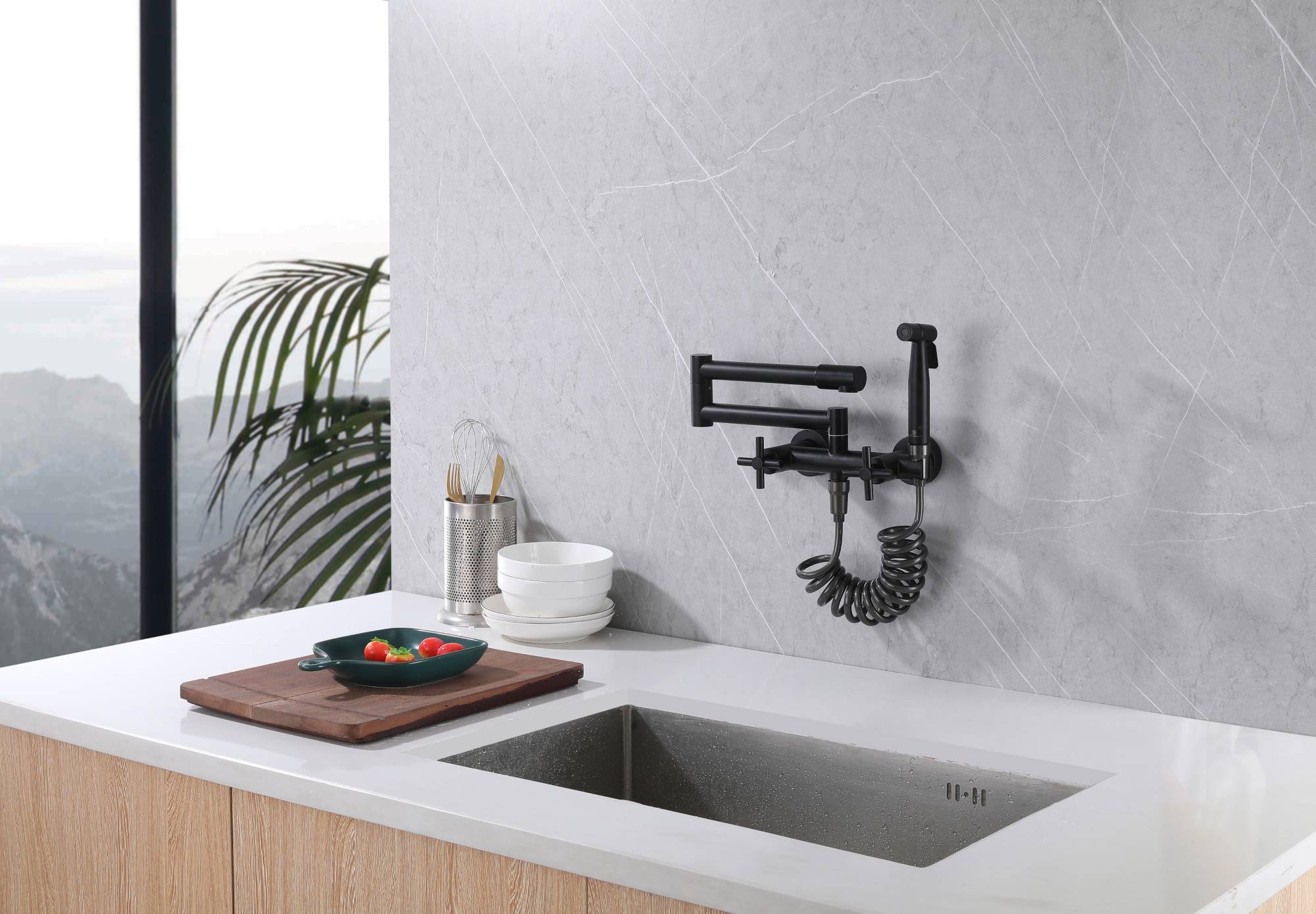 Matte black Pot Filler Faucet Folding Stretchable Brass Hot & Cold Kitchen Faucet Wall Mount with side sprayer - Image 6