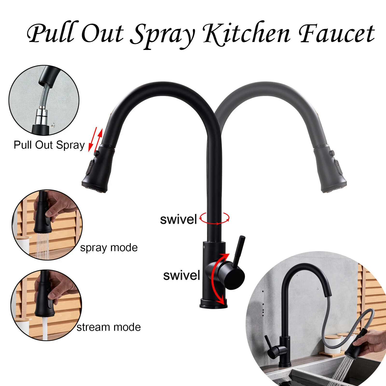 Matte Black Or Brushed Gold Pull Out Spray Kitchen Sink Faucet Commercial Swivel Tap W/Plate - Image 3
