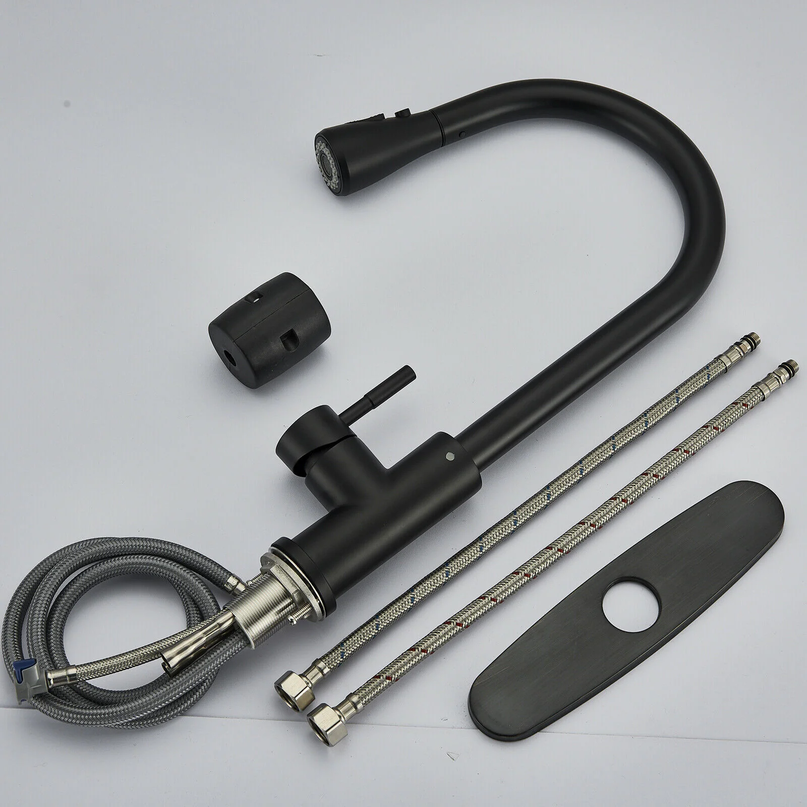 Matte Black Or Brushed Gold Pull Out Spray Kitchen Sink Faucet Commercial Swivel Tap W/Plate - Image 7