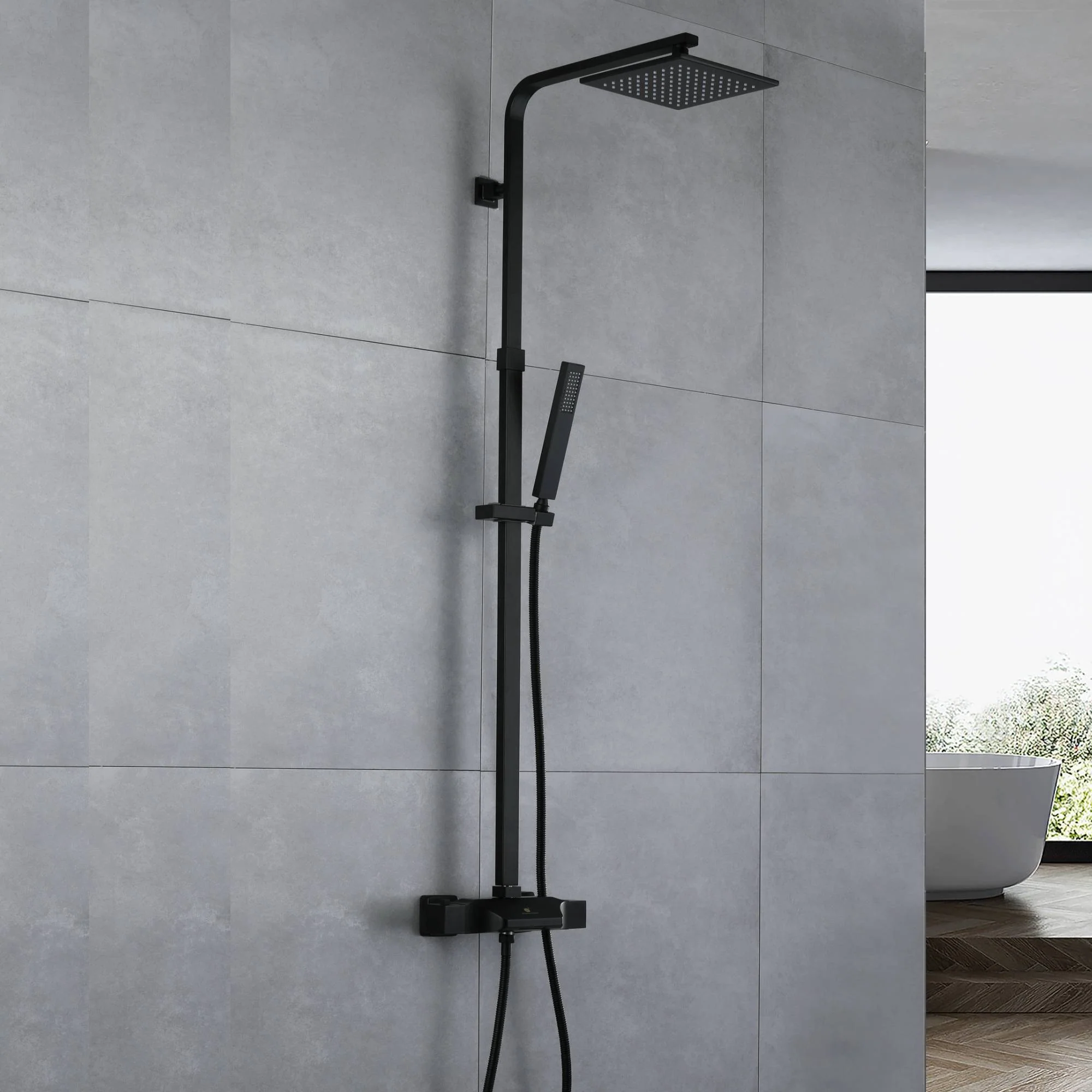Stylish Wall-Mounted Matte Black Thermostatic Rain Exposed Shower Set with Tub Spout