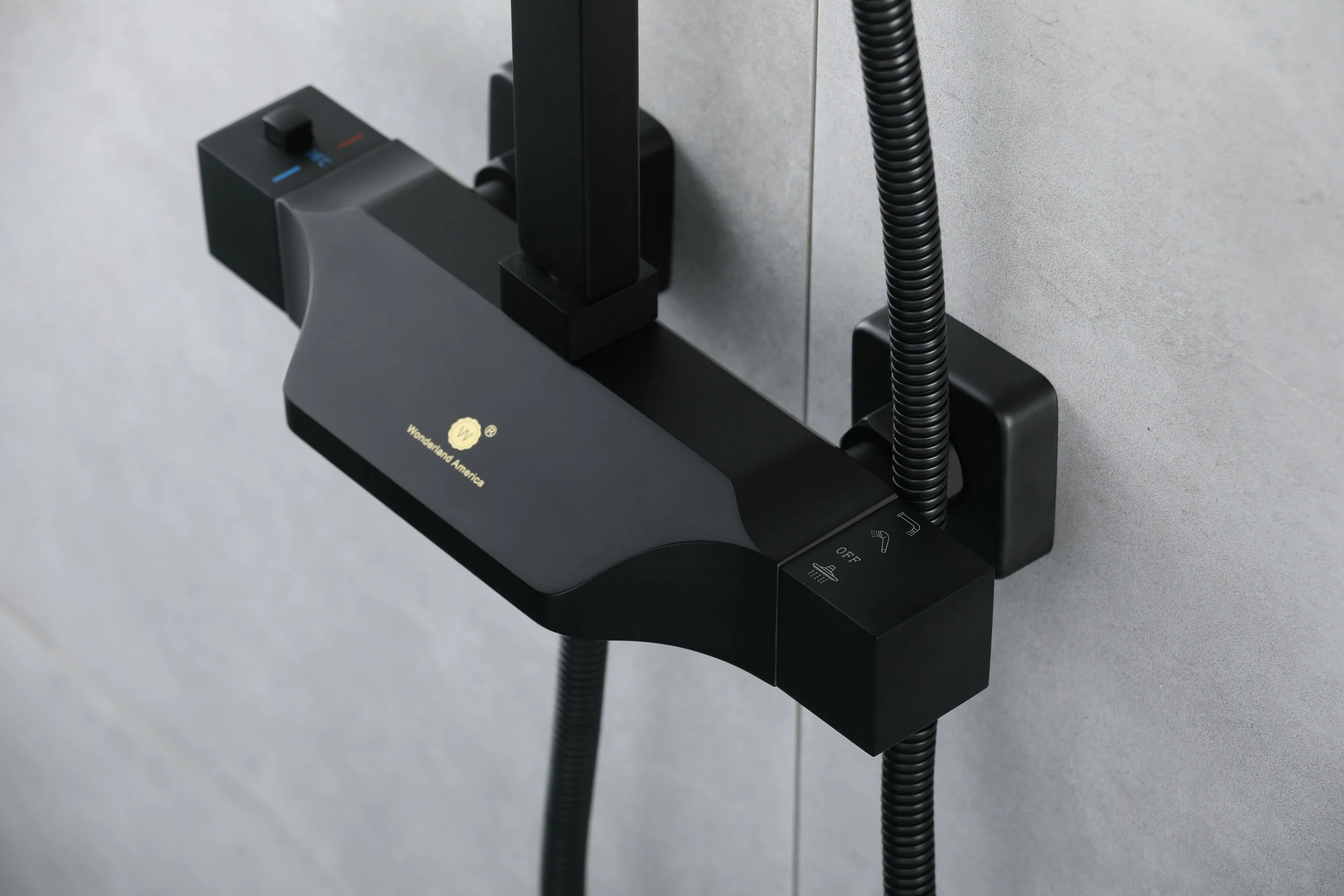 Stylish Wall-Mounted Matte Black Thermostatic Rain Exposed Shower Set with Tub Spout - Image 13