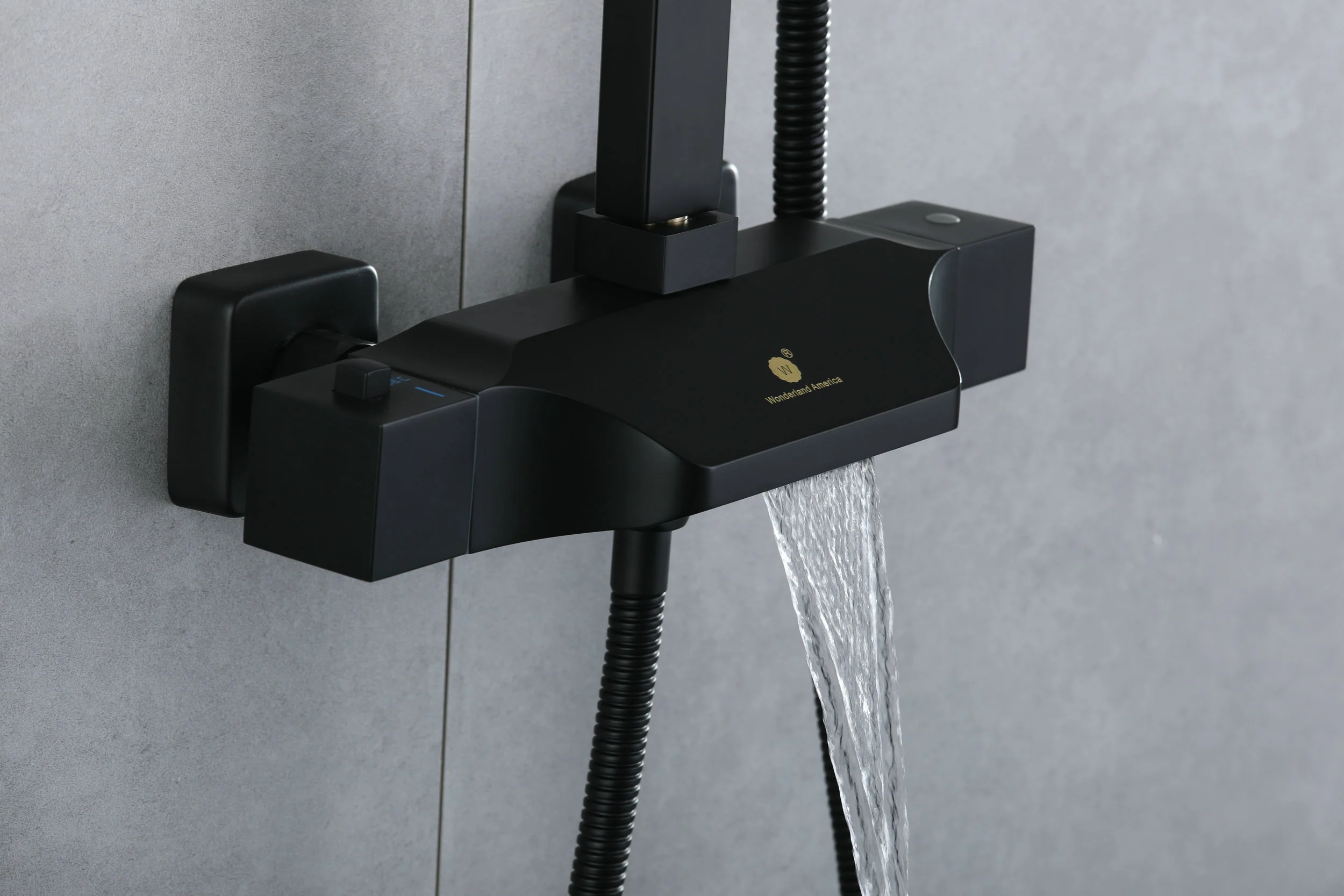 Stylish Wall-Mounted Matte Black Thermostatic Rain Exposed Shower Set with Tub Spout - Image 4