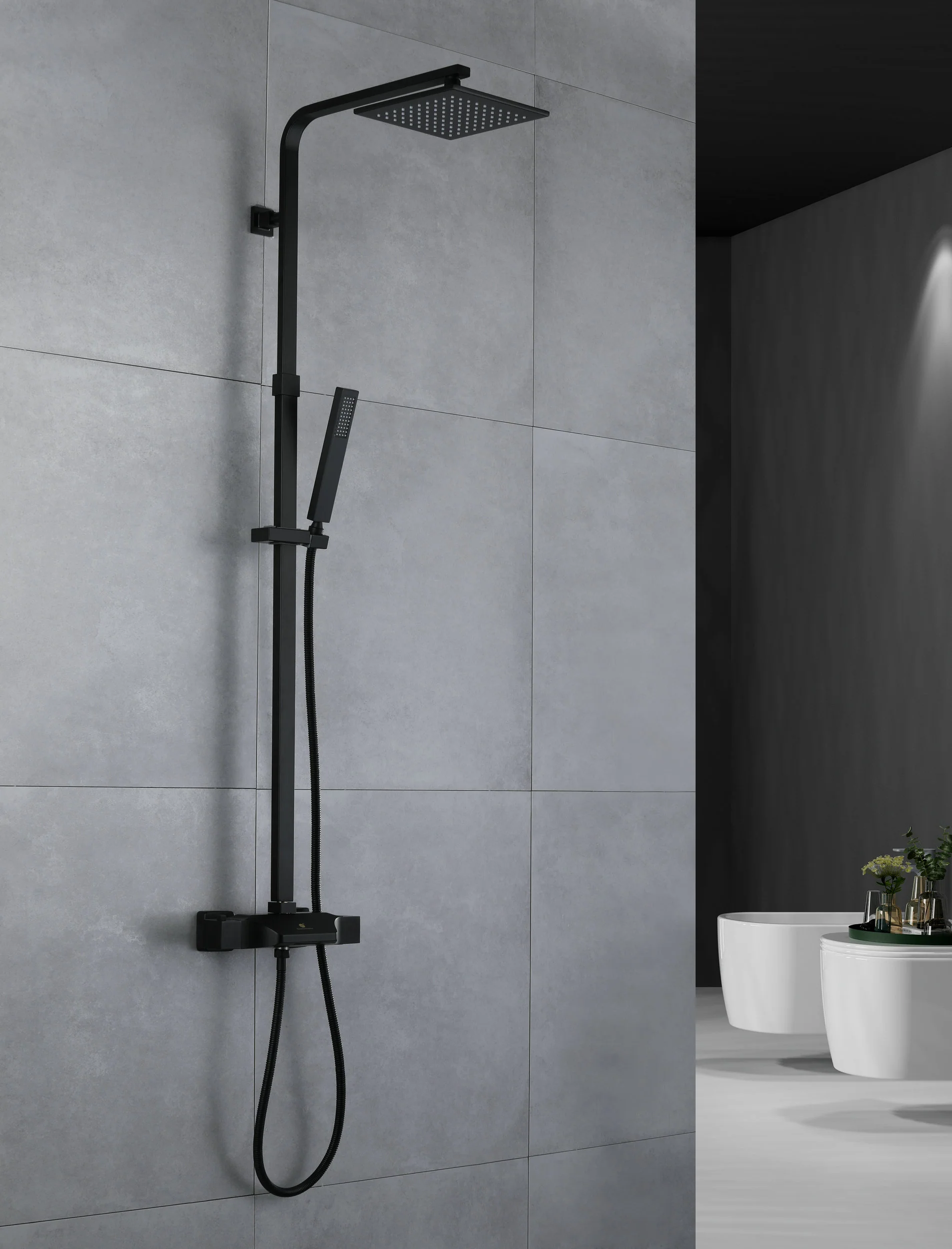 Stylish Wall-Mounted Matte Black Thermostatic Rain Exposed Shower Set with Tub Spout - Image 5