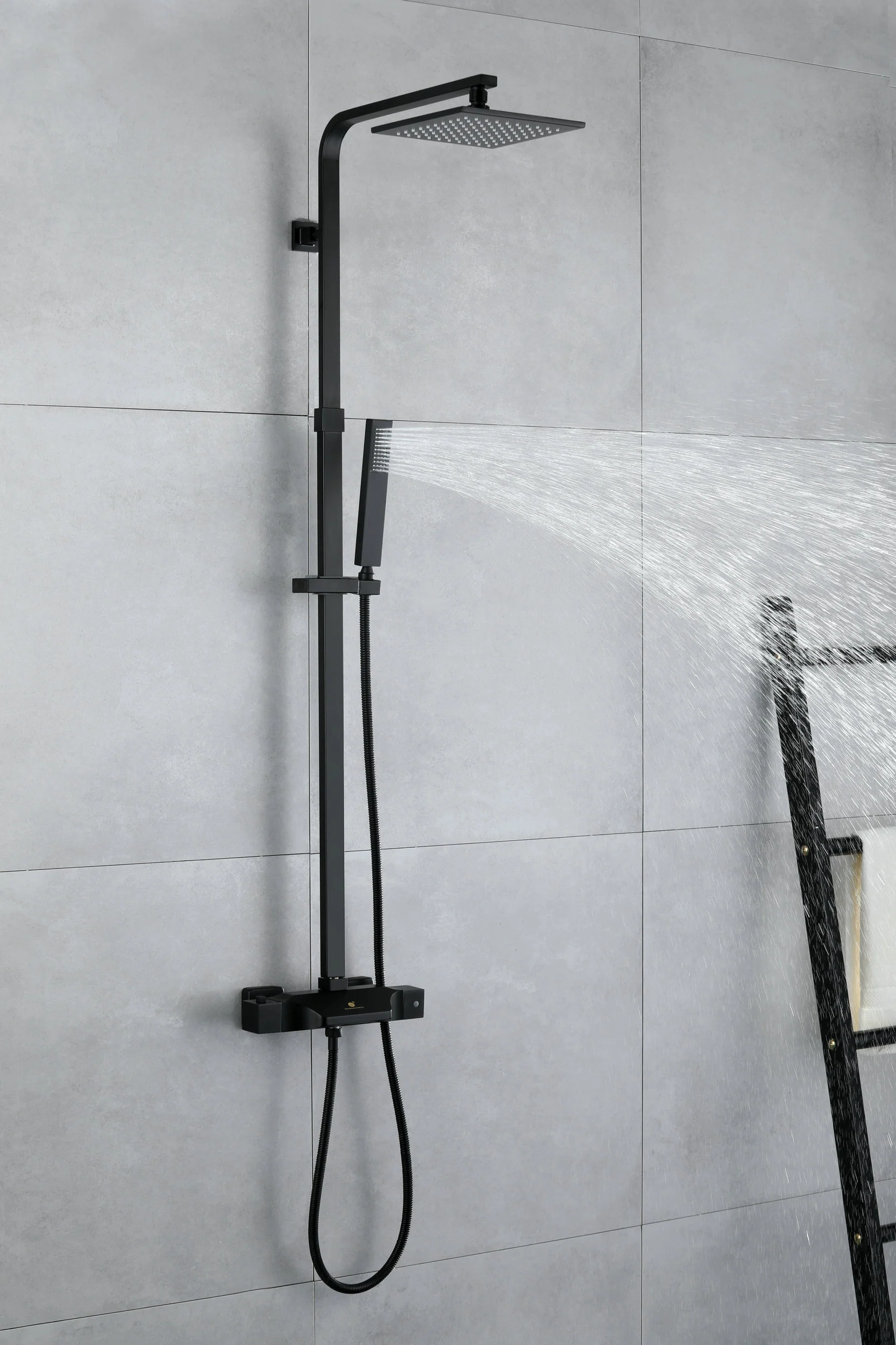 Stylish Wall-Mounted Matte Black Thermostatic Rain Exposed Shower Set with Tub Spout - Image 7