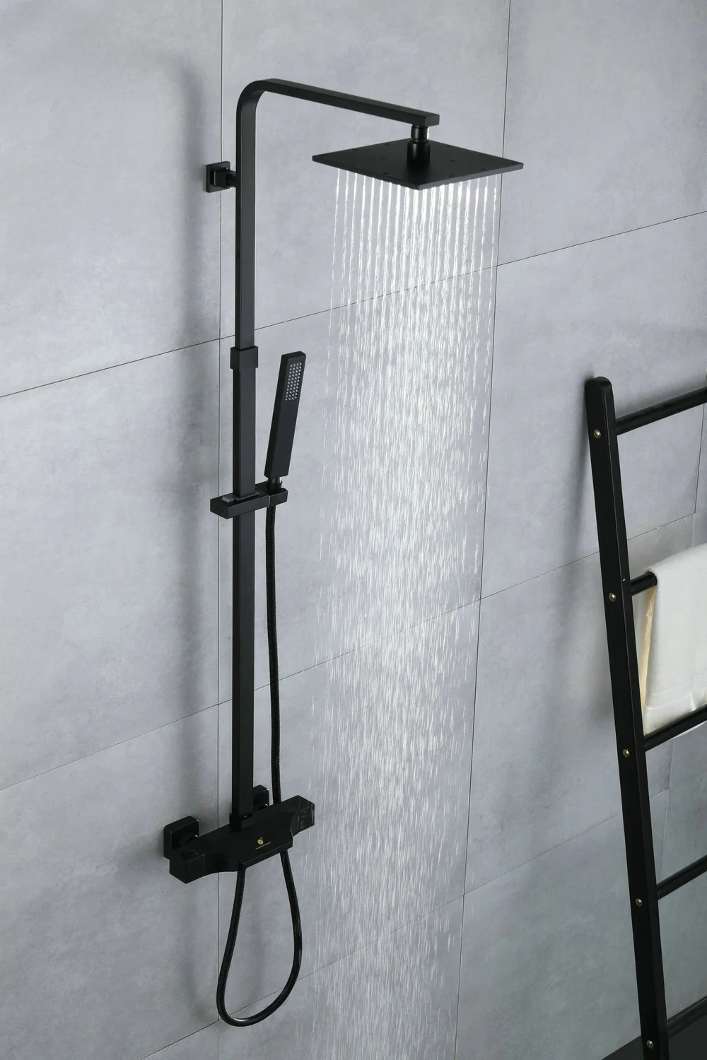 Stylish Wall-Mounted Matte Black Thermostatic Rain Exposed Shower Set with Tub Spout - Image 8