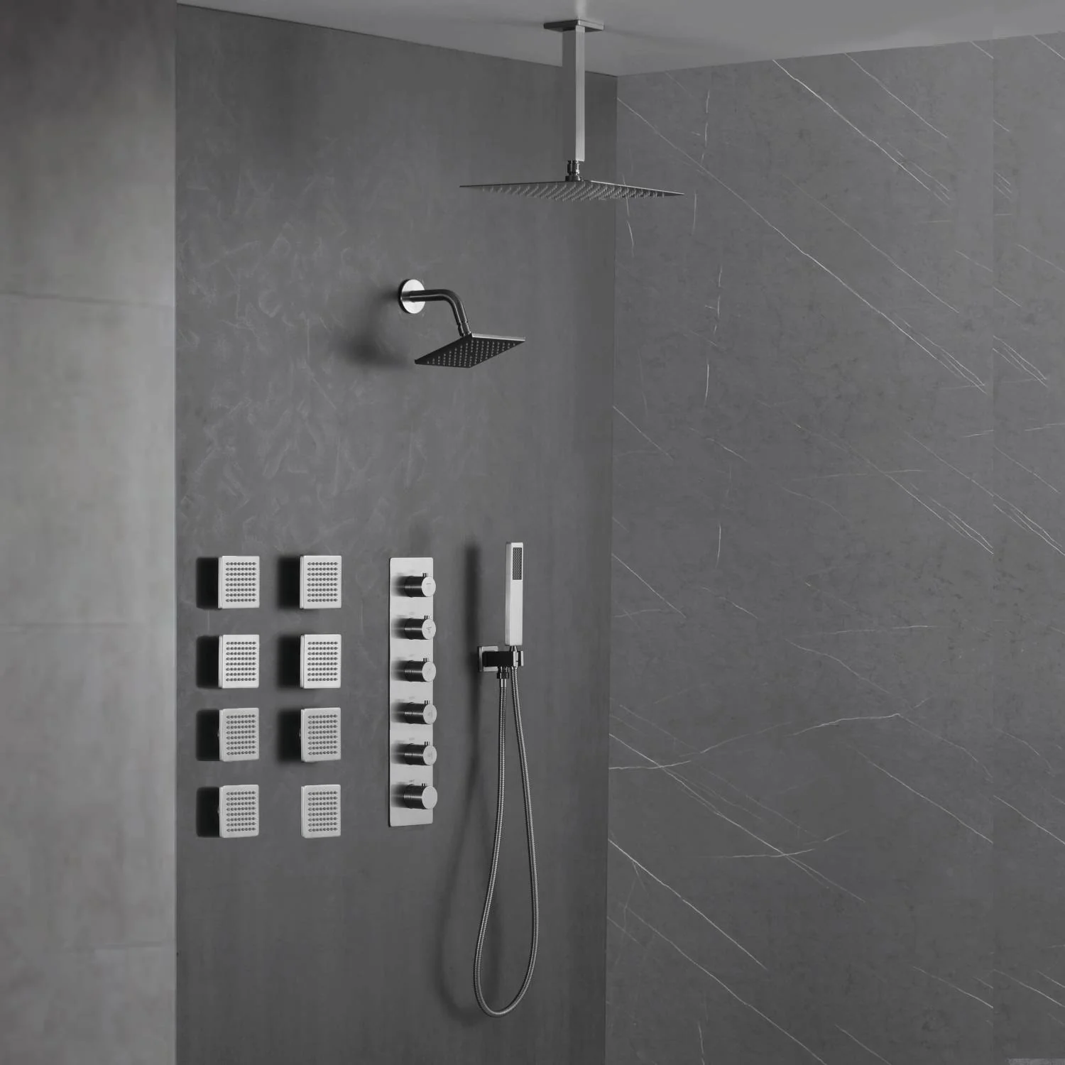 Matte Black Or Brushed nickel or Brushed Gold Rainfall Shower System: 12" or 16" with 5-Way Thermostatic Valve, Body Jets - Image 10
