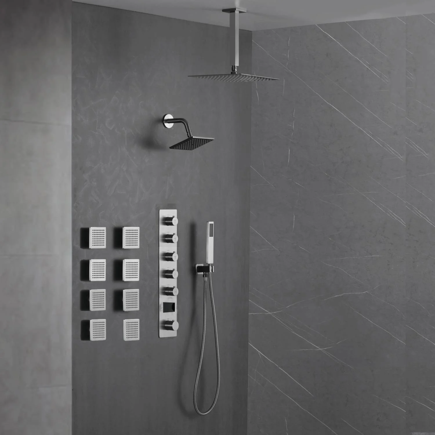 Matte Black Or Brushed nickel or Brushed Gold Rainfall Shower System: 12" or 16" with 5-Way Thermostatic Valve, Body Jets - Image 11