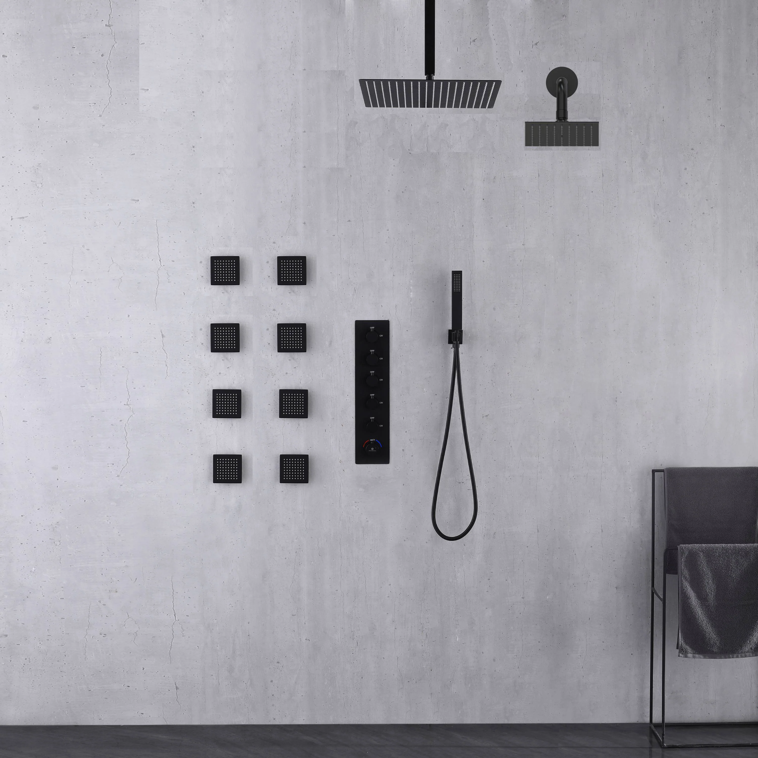 Matte Black Or Brushed nickel or Brushed Gold Rainfall Shower System: 12" or 16" with 5-Way Thermostatic Valve, Body Jets - Image 2