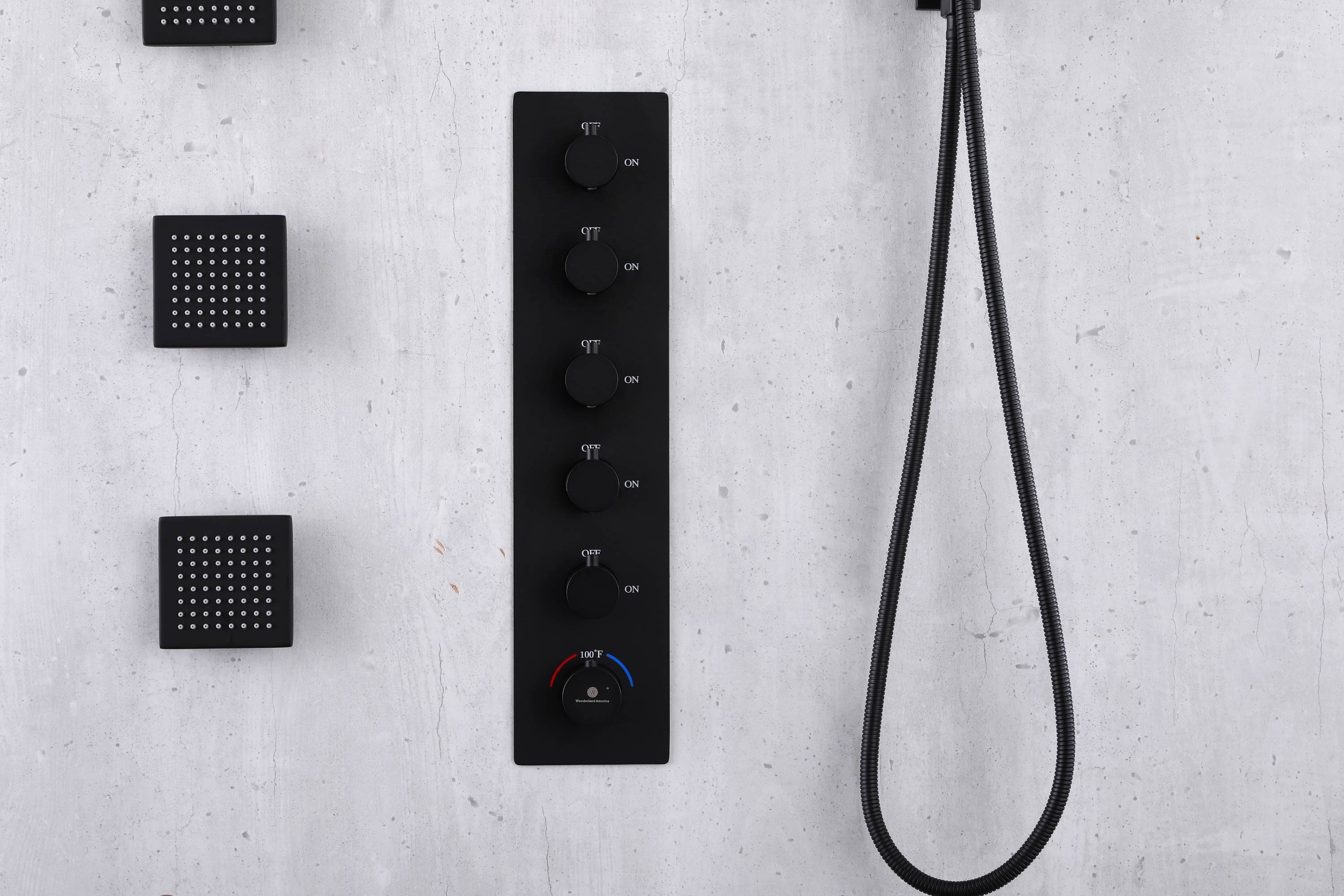Matte Black Or Brushed nickel or Brushed Gold Rainfall Shower System: 12" or 16" with 5-Way Thermostatic Valve, Body Jets - Image 4