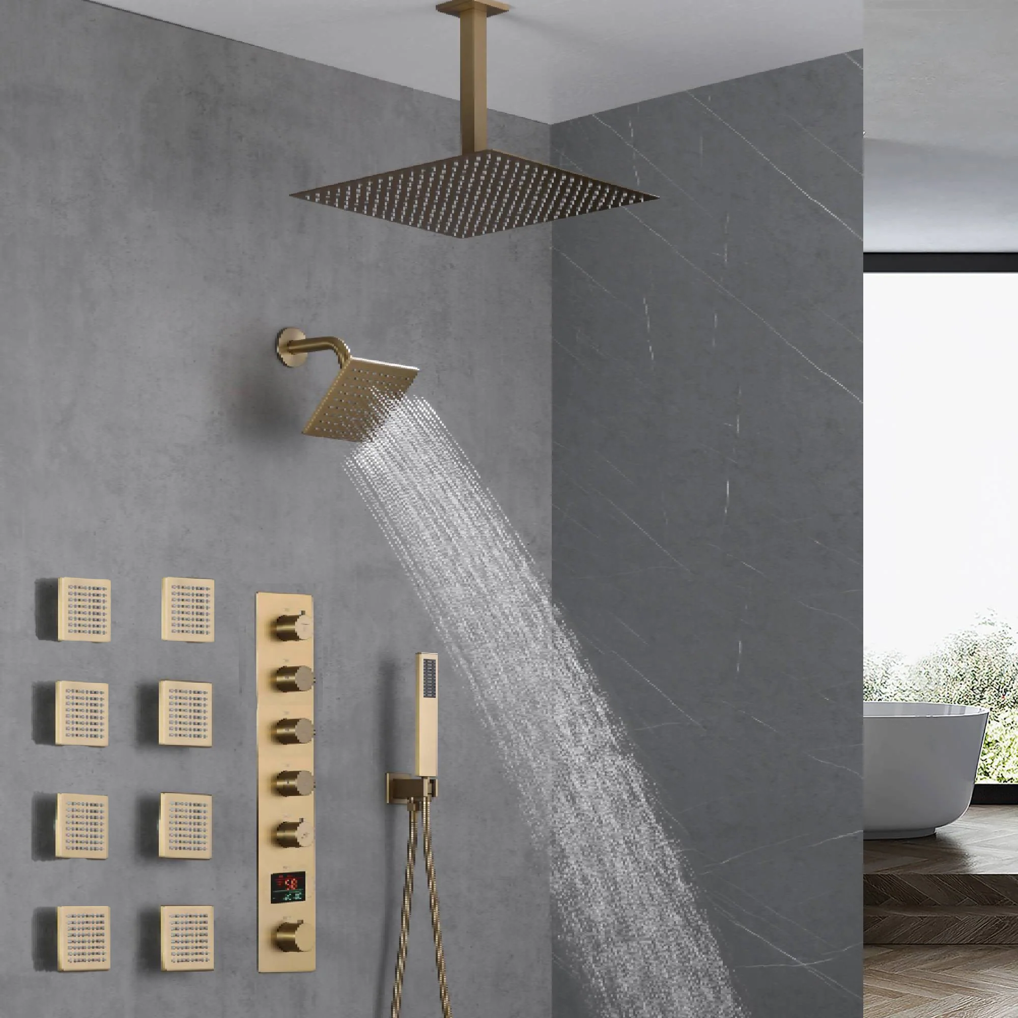 Matte Black Or Brushed nickel or Brushed Gold Rainfall Shower System: 12" or 16" with 5-Way Thermostatic Valve, Body Jets - Image 8