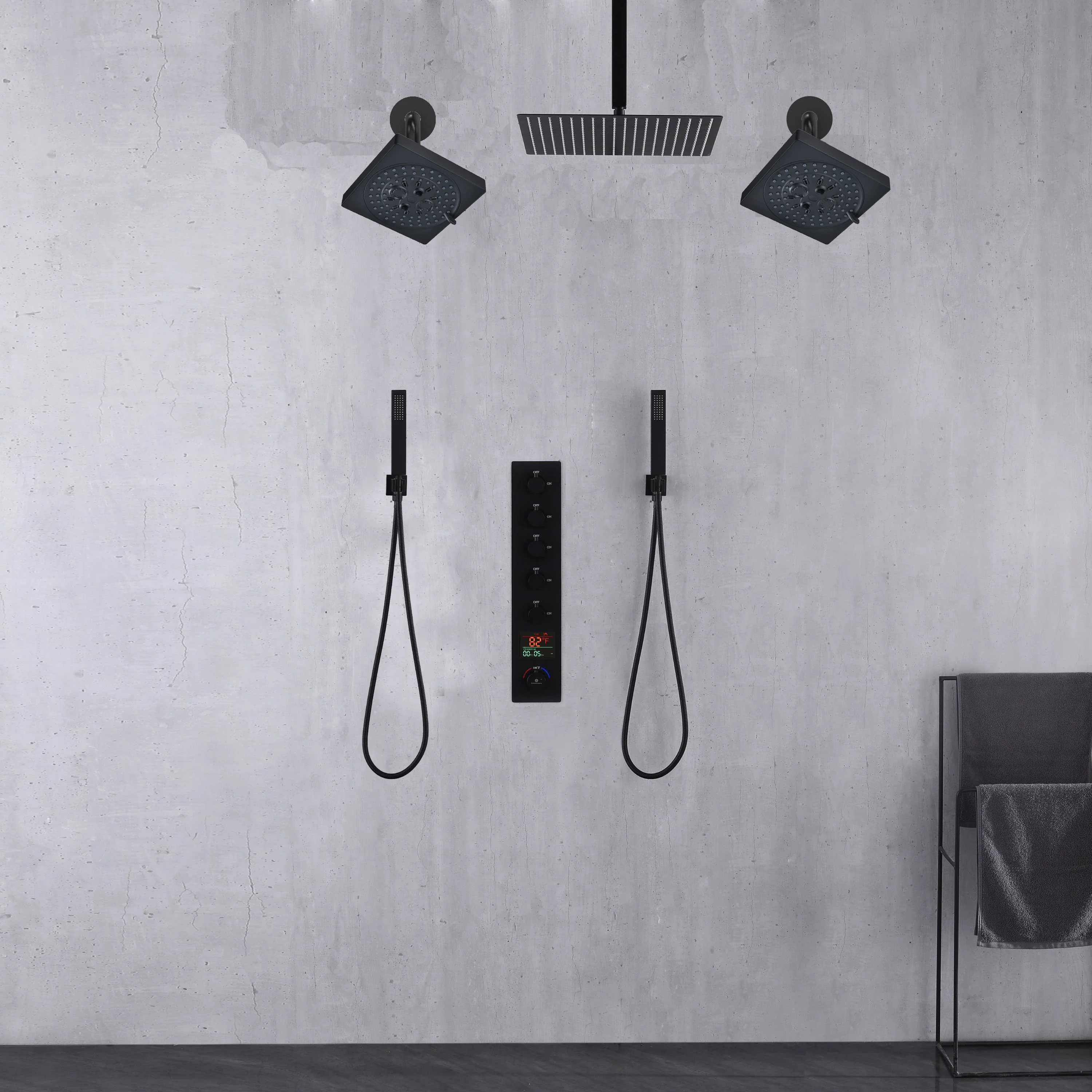 Matte Black Rainfall Shower System: 12" or 16" with 5-Way Thermostatic Valve, Dual Handle wands - Image 2