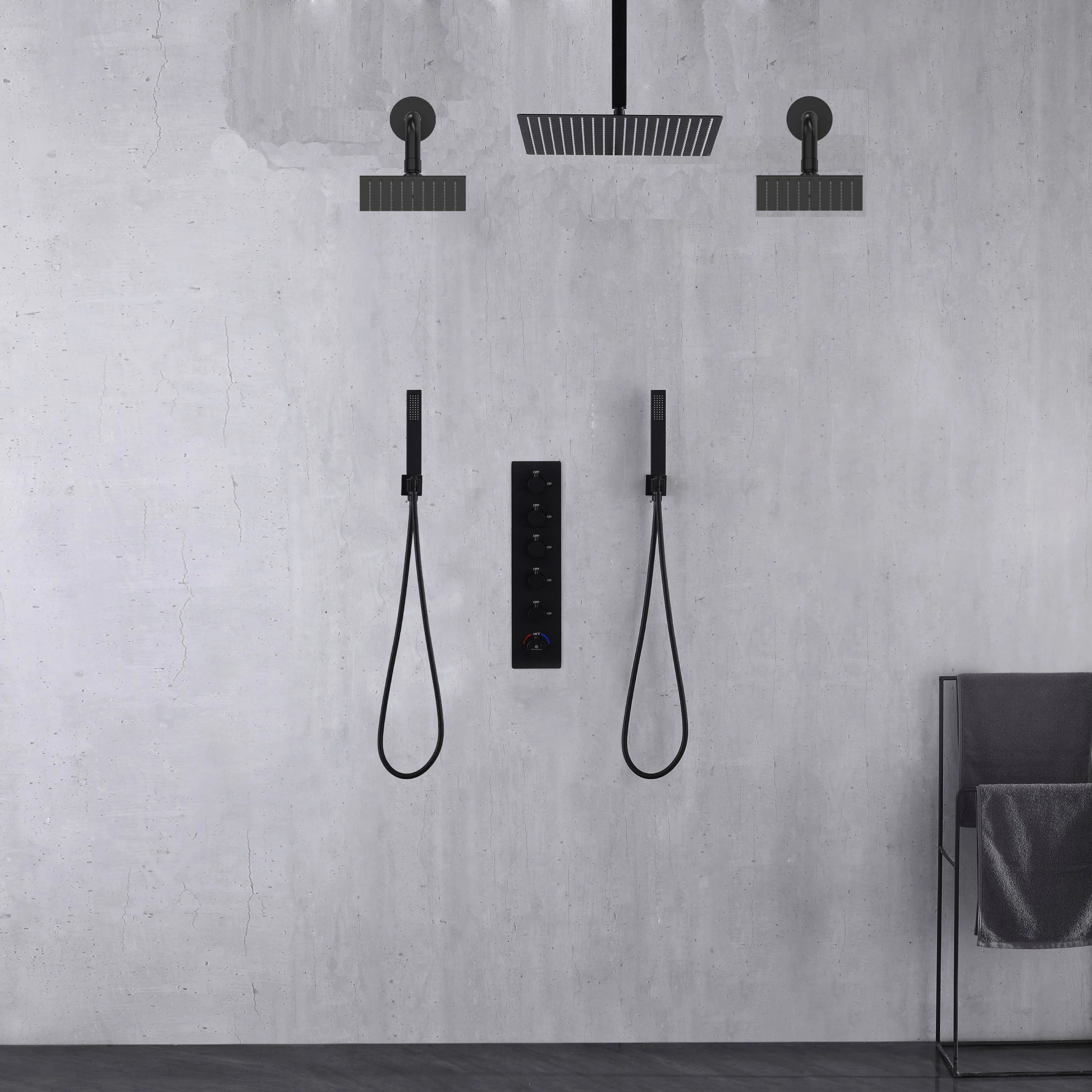 Matte Black Rainfall Shower System: 12" or 16" with 5-Way Thermostatic Valve, Dual Handle wands - Image 3
