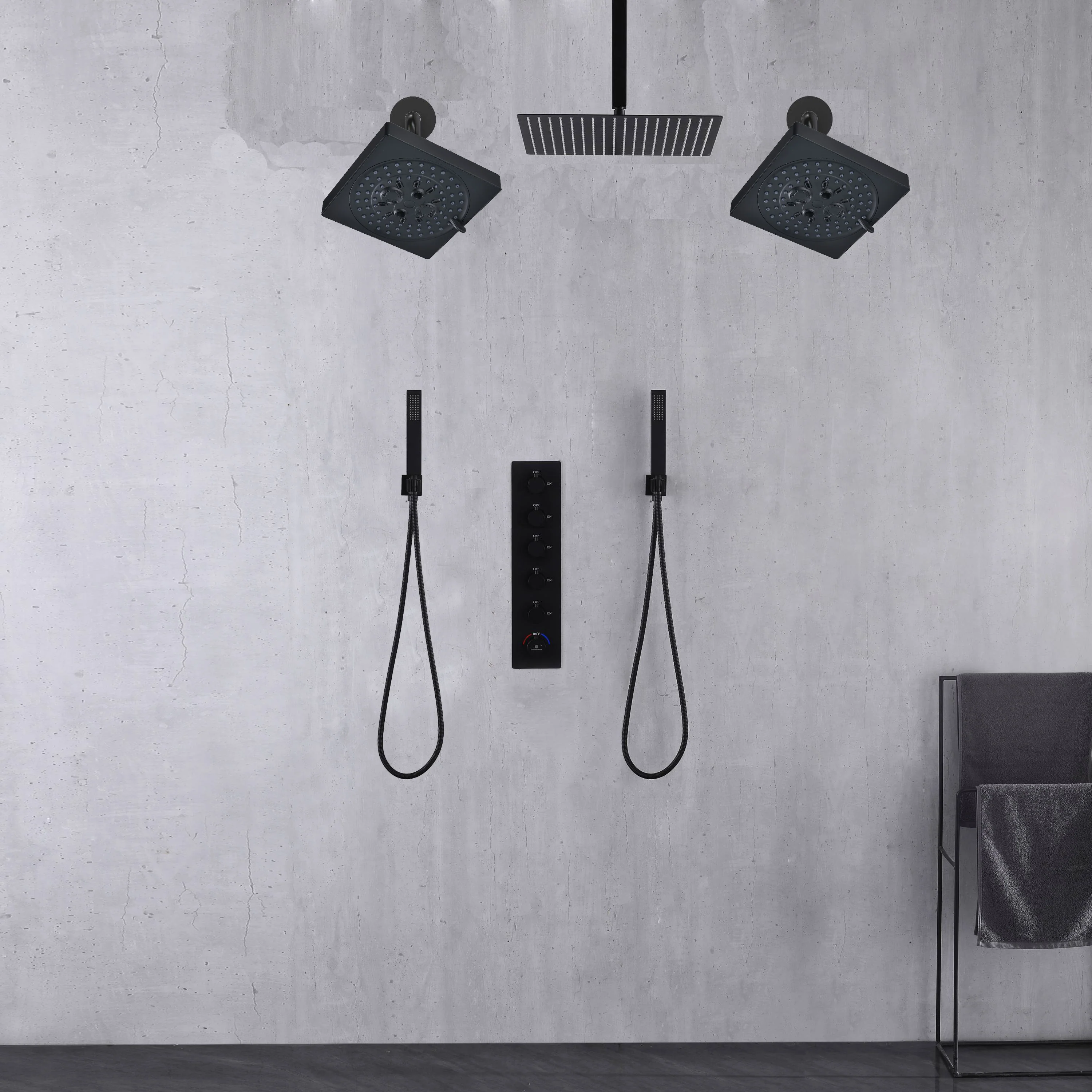 Matte Black Rainfall Shower System: 12" or 16" with 5-Way Thermostatic Valve, Dual Handle wands - Image 4