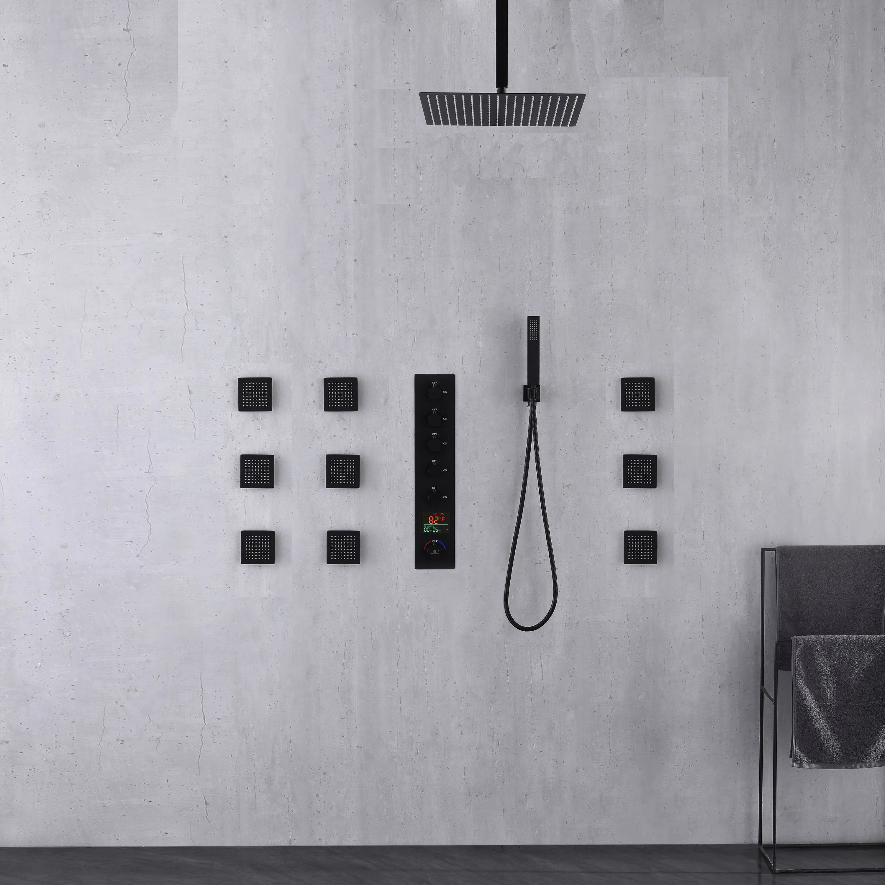 Matte Black Rainfall Shower System: 12" or 16" with 5-Way Thermostatic Valve, 9 Body Jets - Image 2