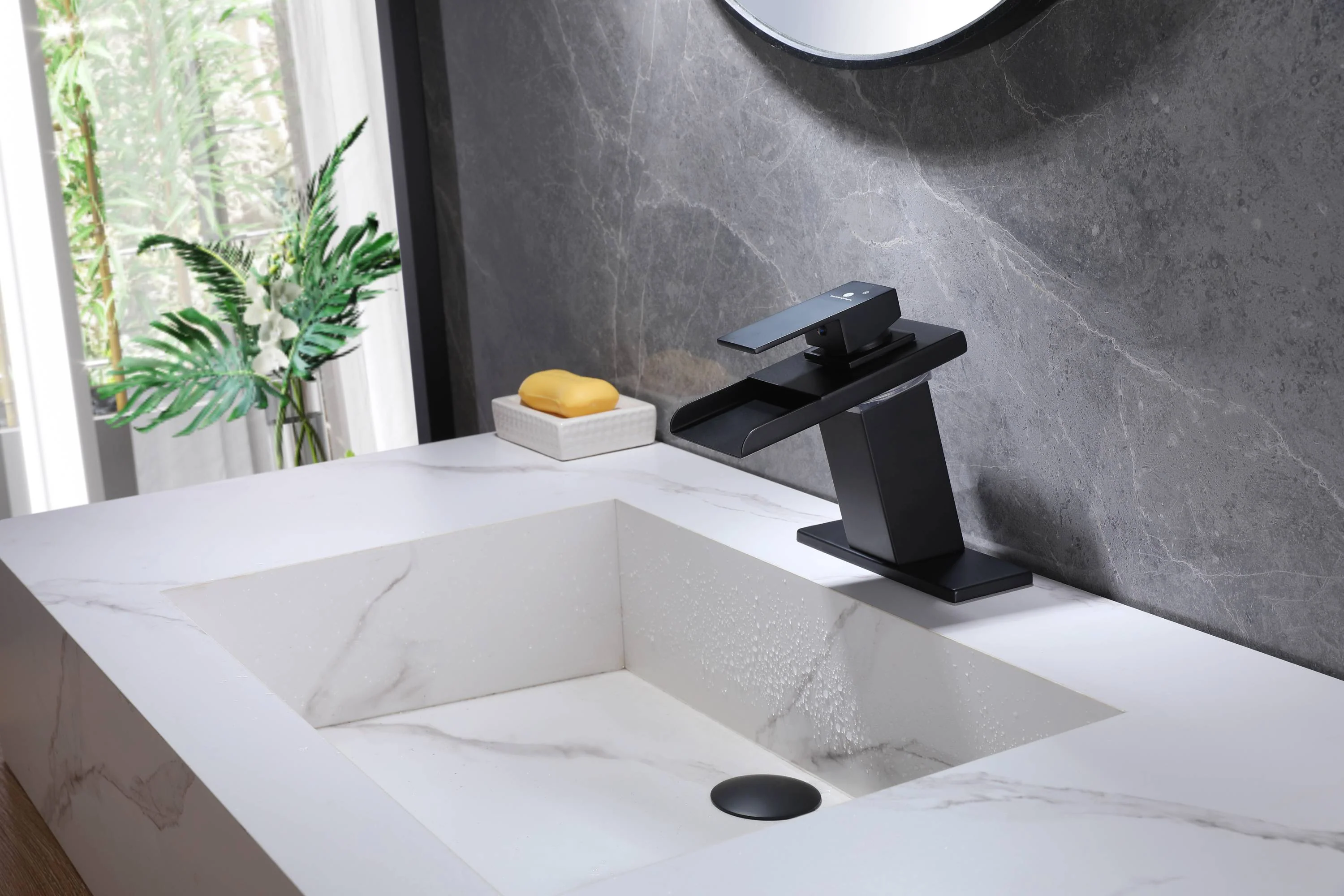 Matte Black Single Handle Single Hole 3 LED Light Mixer Widespread Waterfall bathroom sink Faucet with drain - Image 3