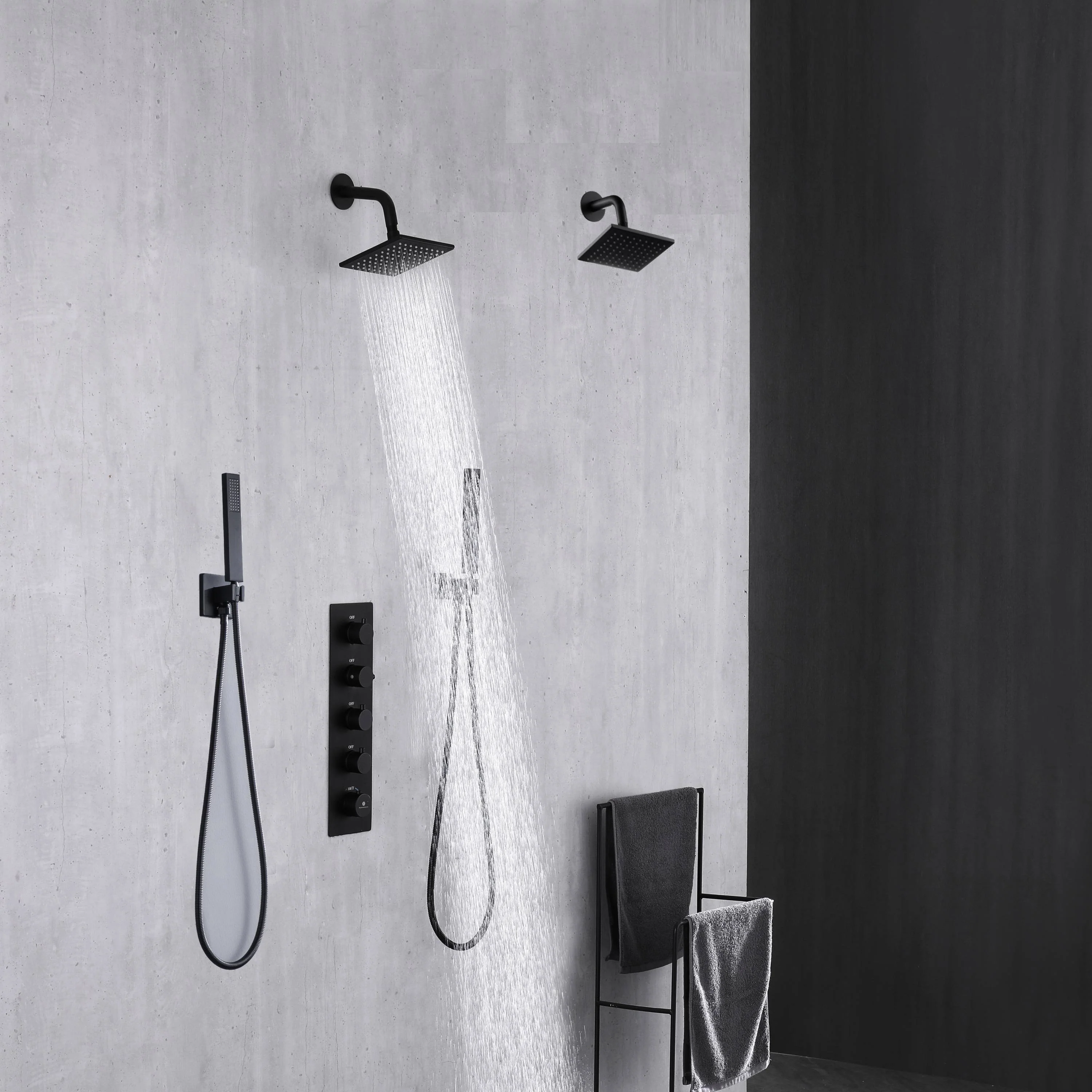 Matte Black Wall Mount 6" Dual Shower Head with 4-Way Thermostatic Faucet with dual handle wands - Image 2