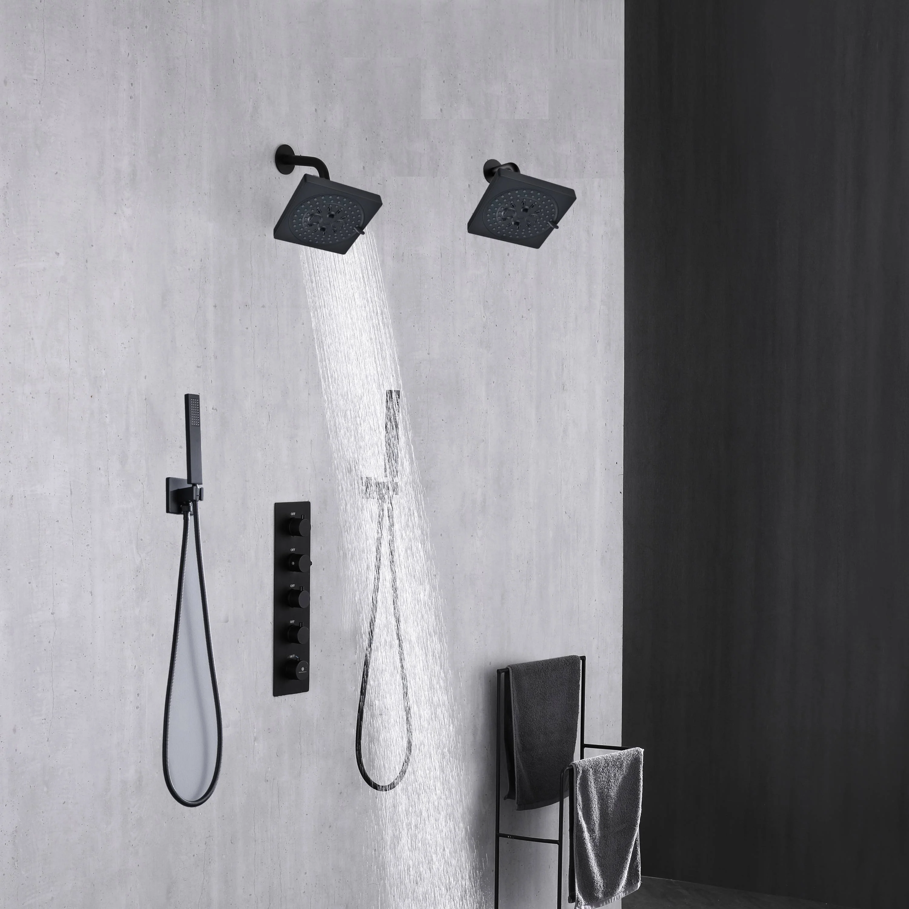 Matte Black Wall Mount 6" Dual Shower Head with 4-Way Thermostatic Faucet with dual handle wands - Image 3