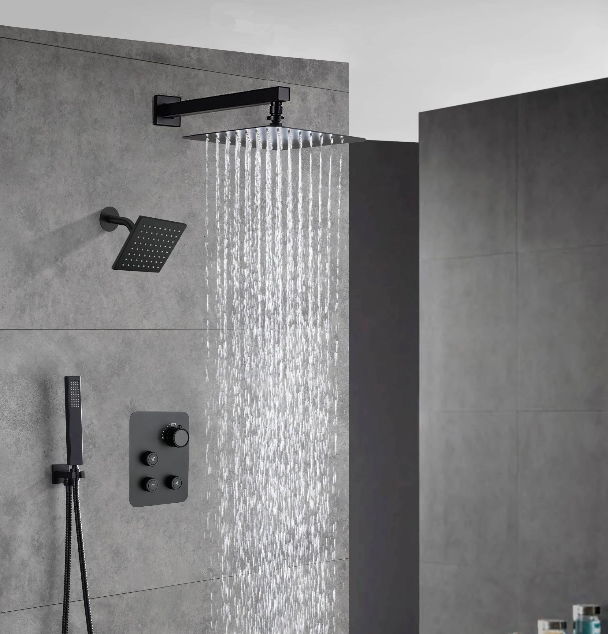 Matte Black Wall Mount 6" Regular Shower Head with 12" or 16" Rainfall Head, 3-Way Thermostatic System - Image 2
