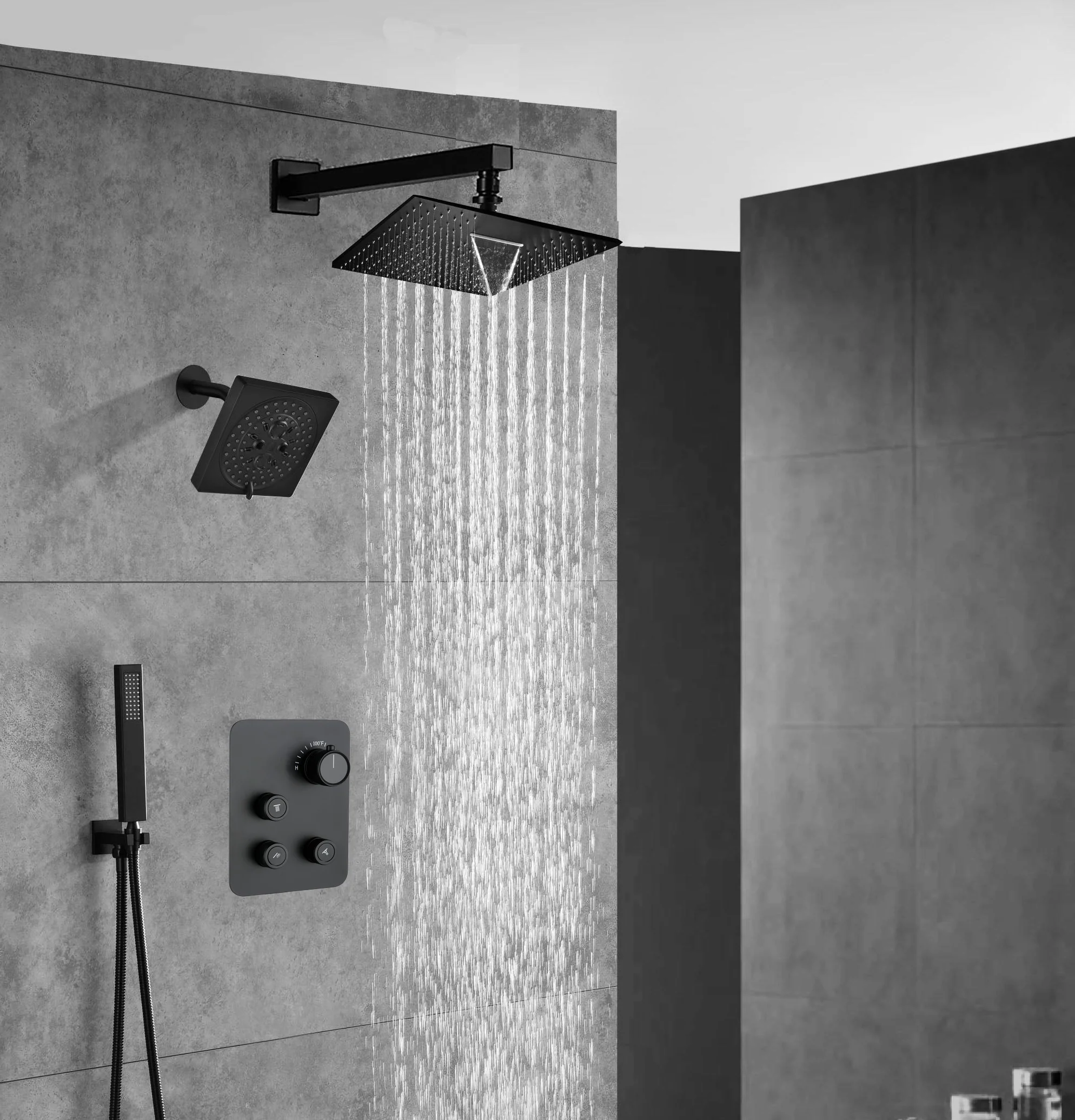 Matte Black Wall Mount 6" Regular Shower Head with 12" or 16" Rainfall Head, 3-Way Thermostatic System - Image 3