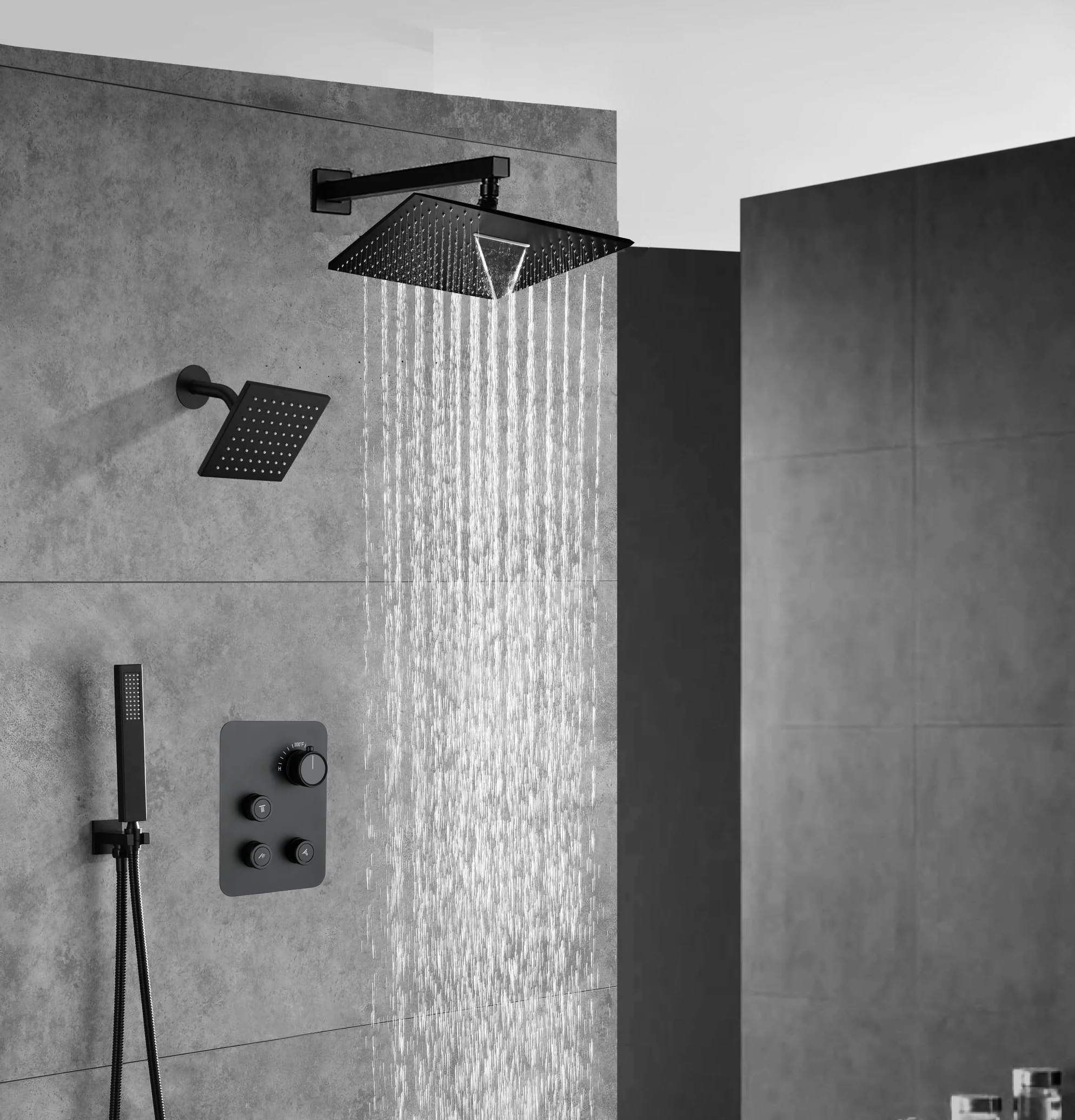 Matte Black Wall Mount 6" Regular Shower Head with 12" or 16" Rainfall Head, 3-Way Thermostatic System - Image 4
