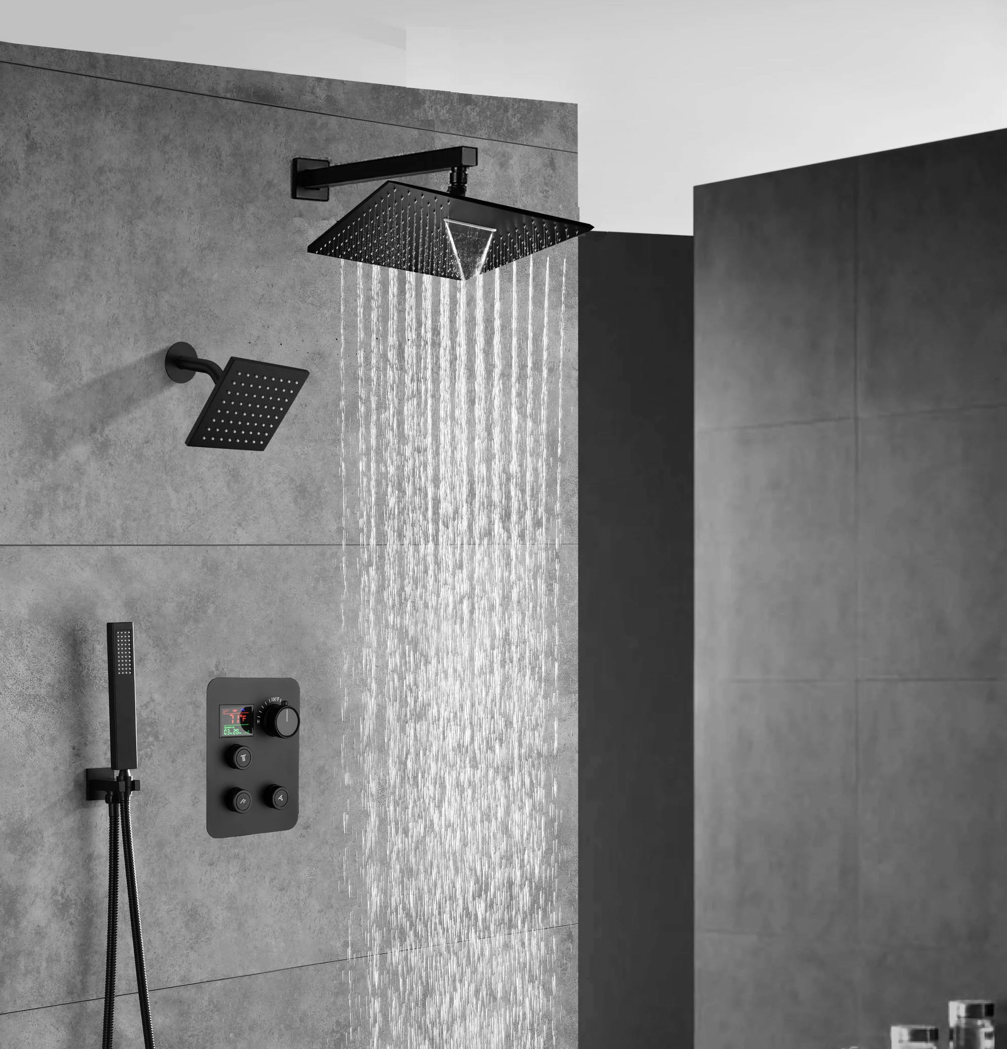 Matte Black Wall Mount 6" Regular Shower Head with 12" or 16" Rainfall Head, 3-Way Thermostatic System - Image 5