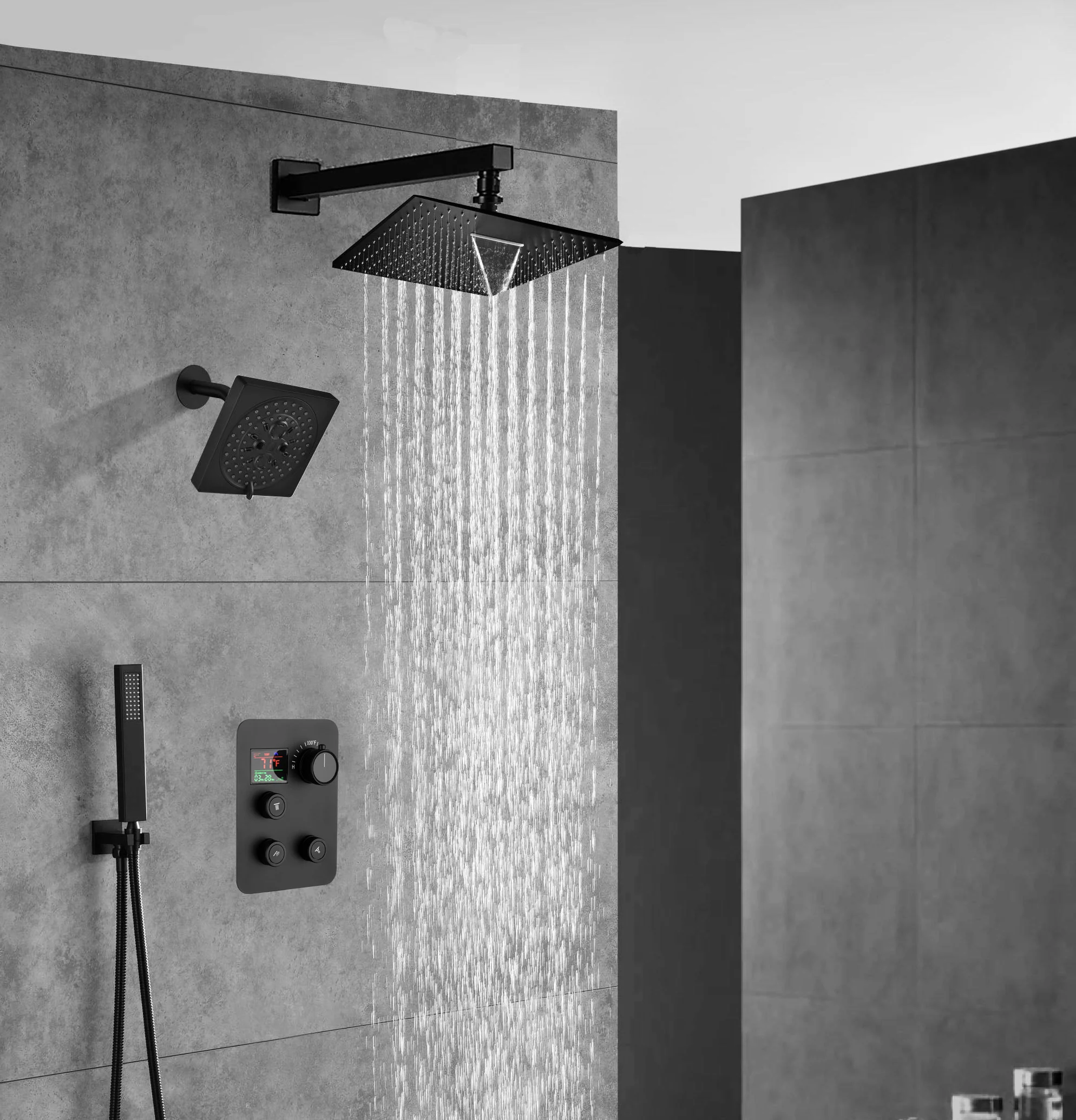 Matte Black Wall Mount 6" Regular Shower Head with 12" or 16" Rainfall Head, 3-Way Thermostatic System - Image 6
