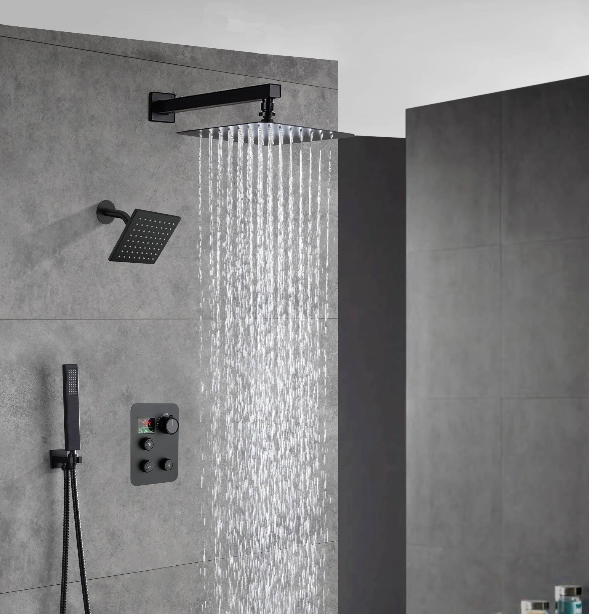 Matte Black Wall Mount 6" Regular Shower Head with 12" or 16" Rainfall Head, 3-Way Thermostatic System - Image 7