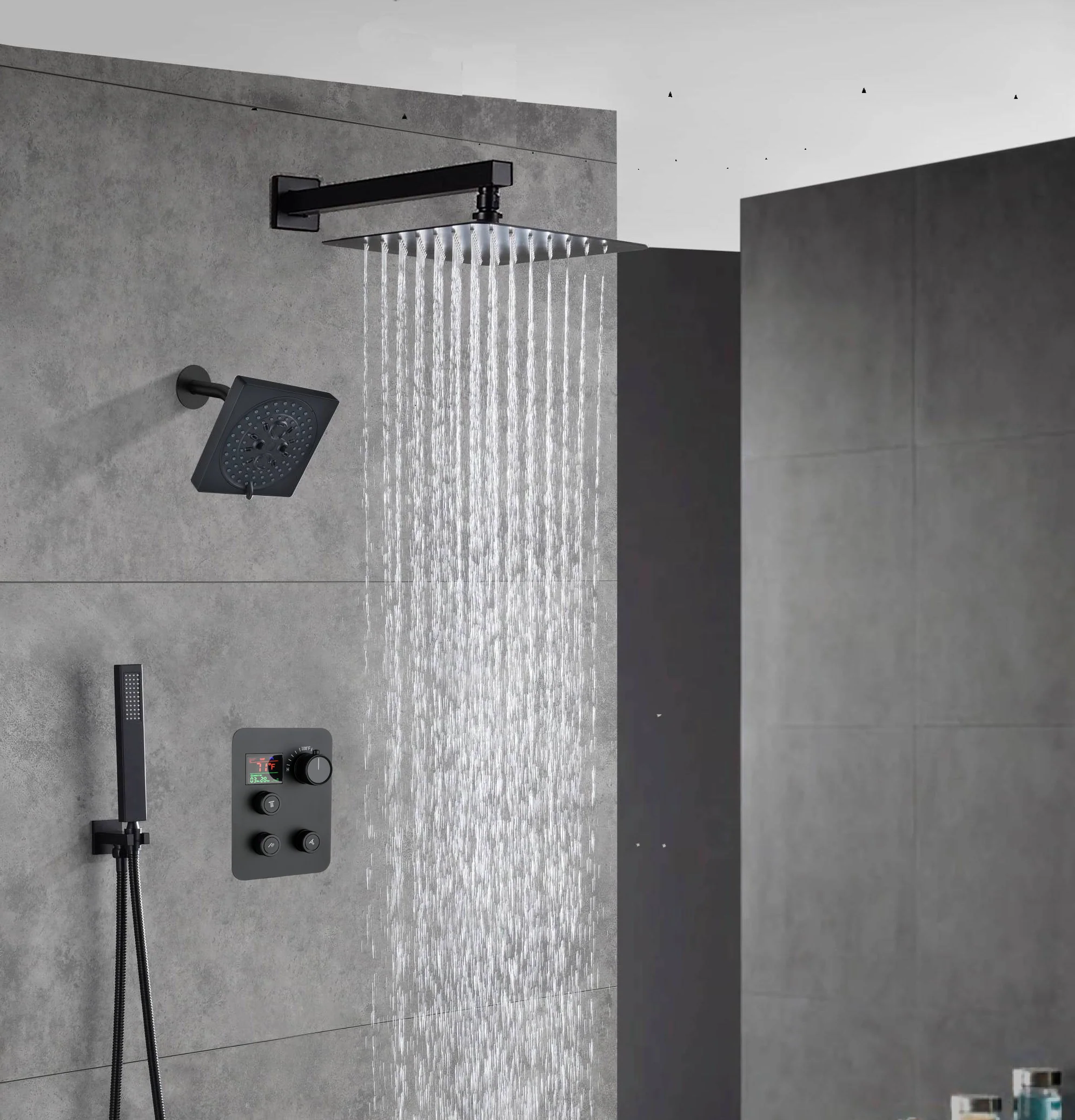 Matte Black Wall Mount 6" Regular Shower Head with 12" or 16" Rainfall Head, 3-Way Thermostatic System - Image 8