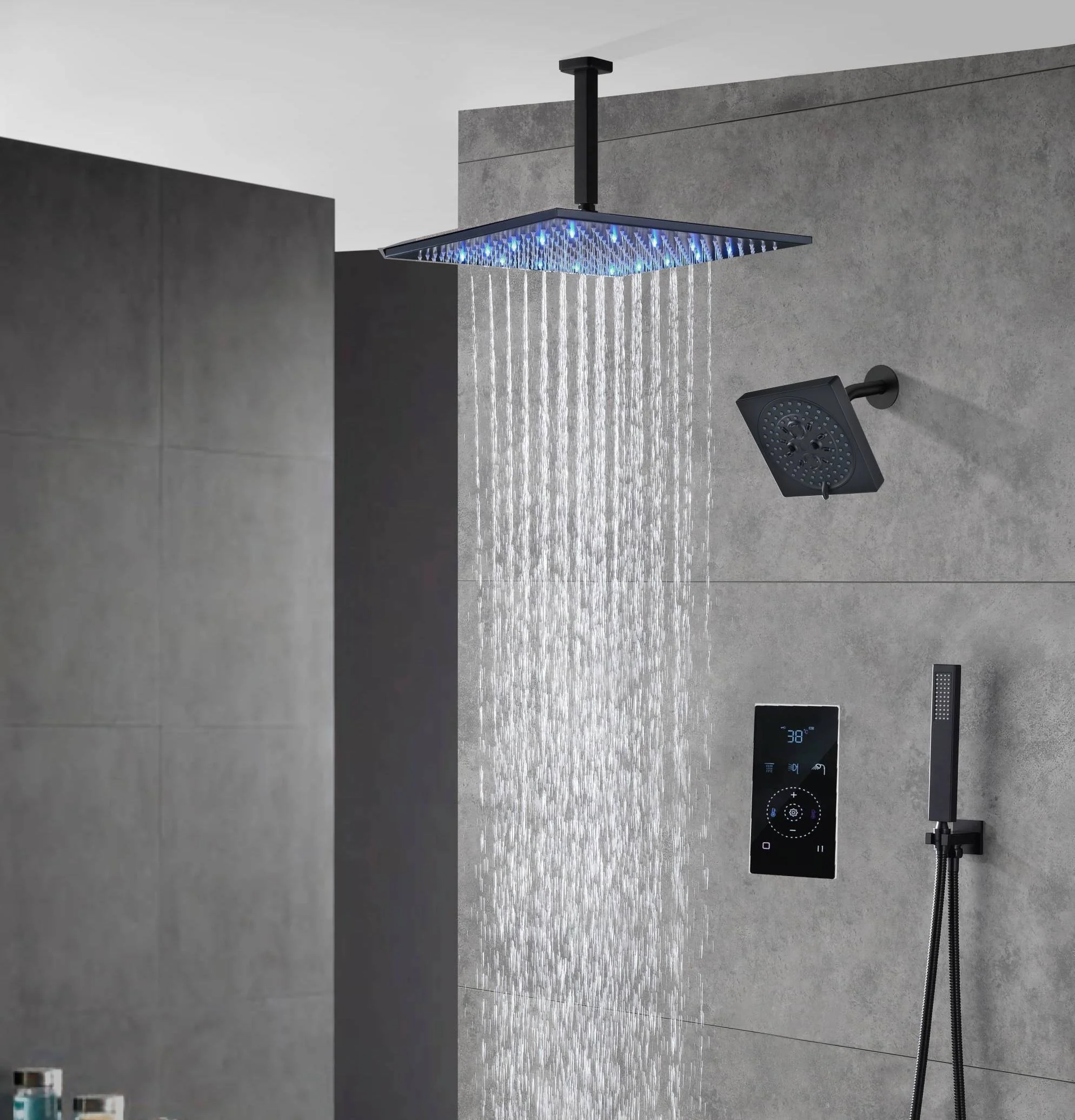 Matte black wall mount 6inch regular high water pressure shower head ceiling mount 16inch or 12 inch rainfall shower head 3 way thermostatic shower system - Image 10