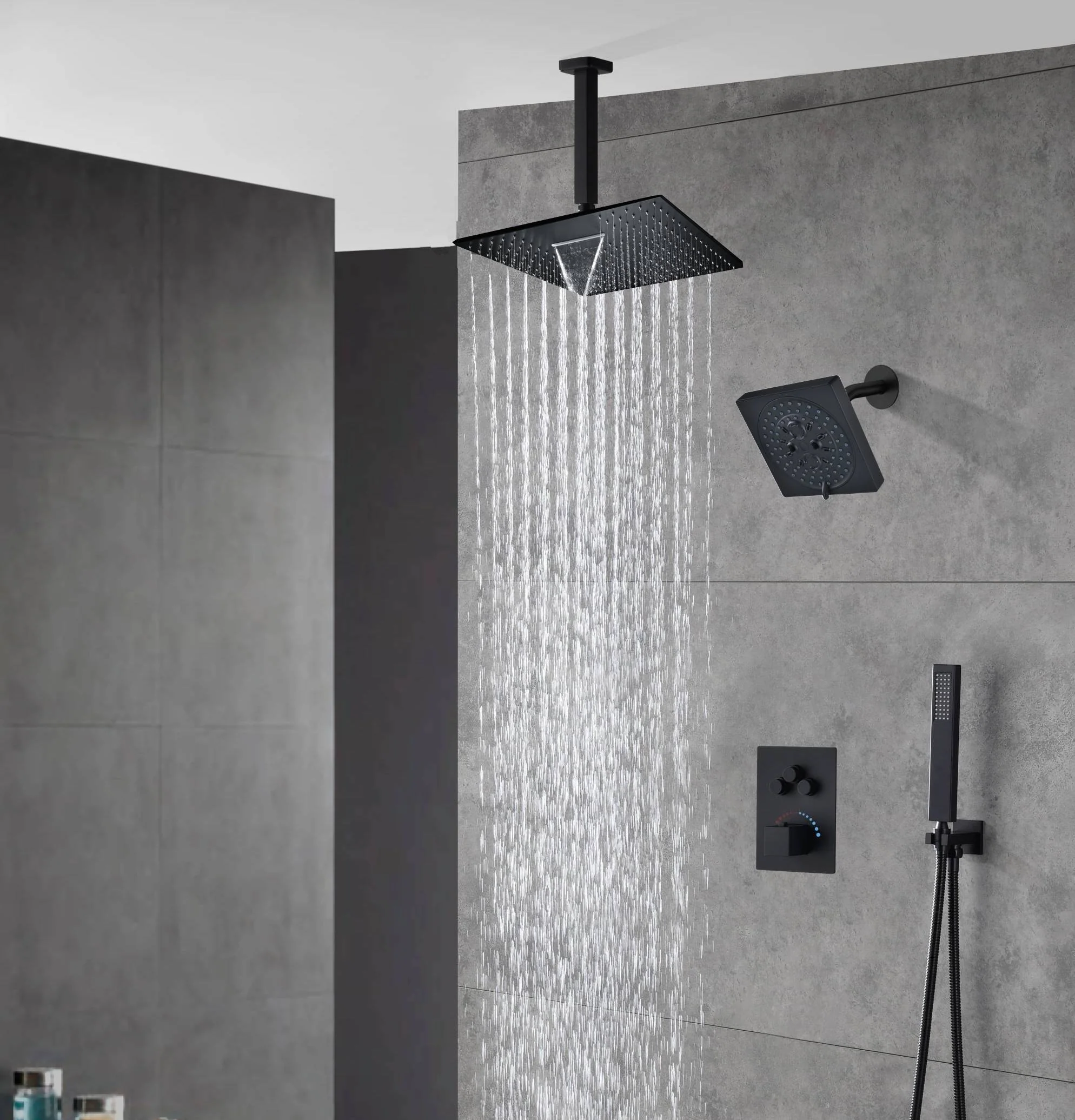 Matte black wall mount 6inch regular high water pressure shower head ceiling mount 16inch or 12 inch rainfall shower head 3 way thermostatic shower system - Image 11