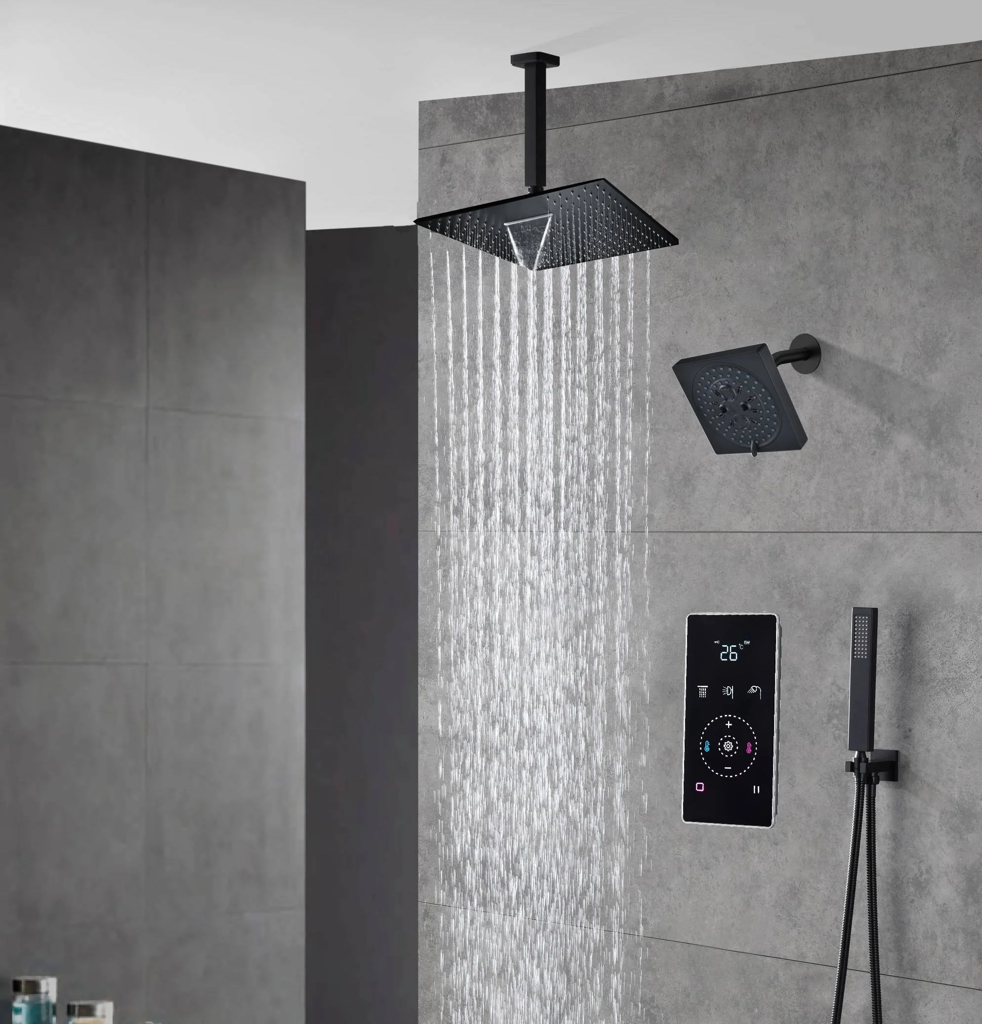 Matte black wall mount 6inch regular high water pressure shower head ceiling mount 16inch or 12 inch rainfall shower head 3 way thermostatic shower system - Image 12