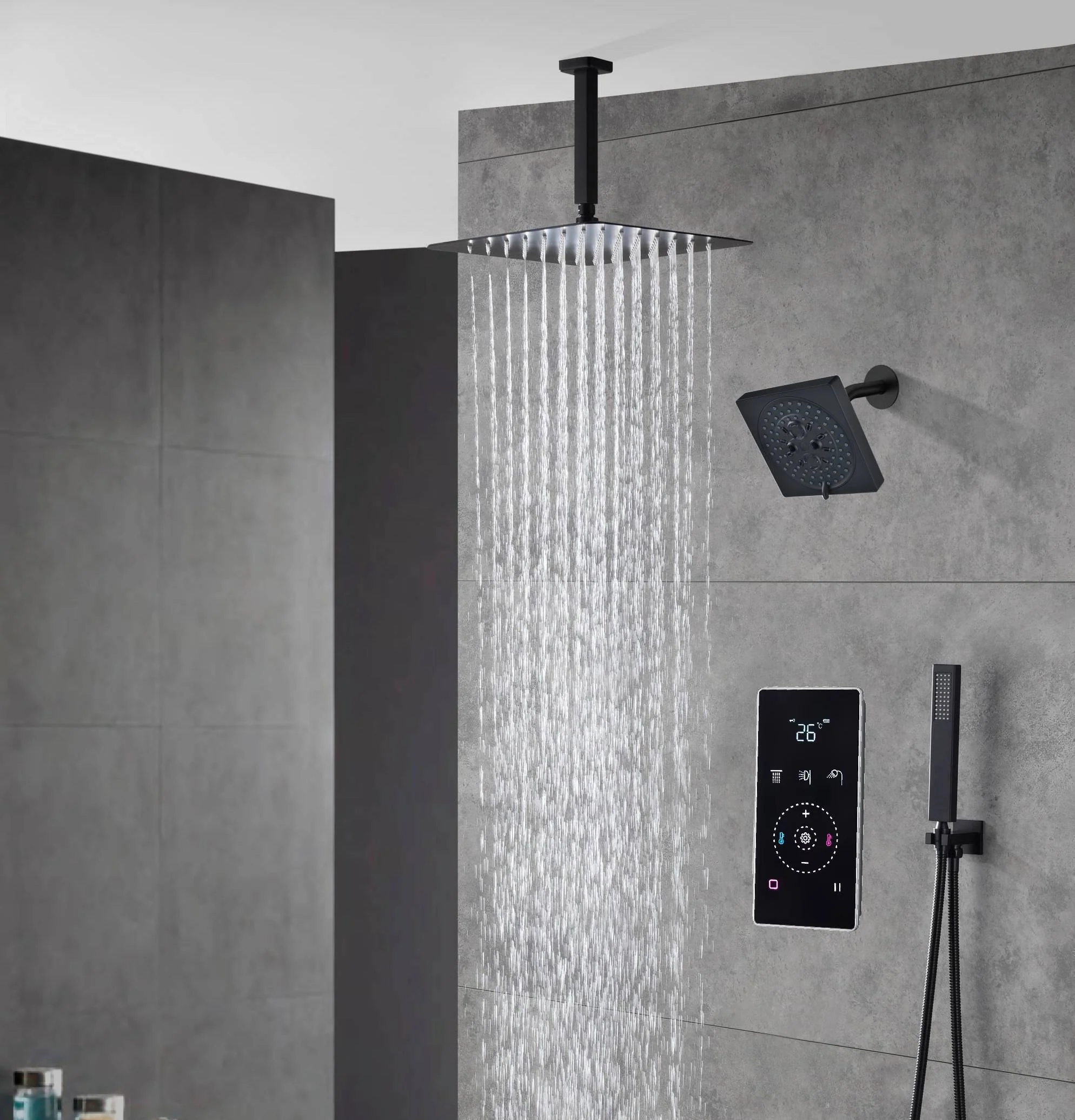 Matte black wall mount 6inch regular high water pressure shower head ceiling mount 16inch or 12 inch rainfall shower head 3 way thermostatic shower system - Image 15