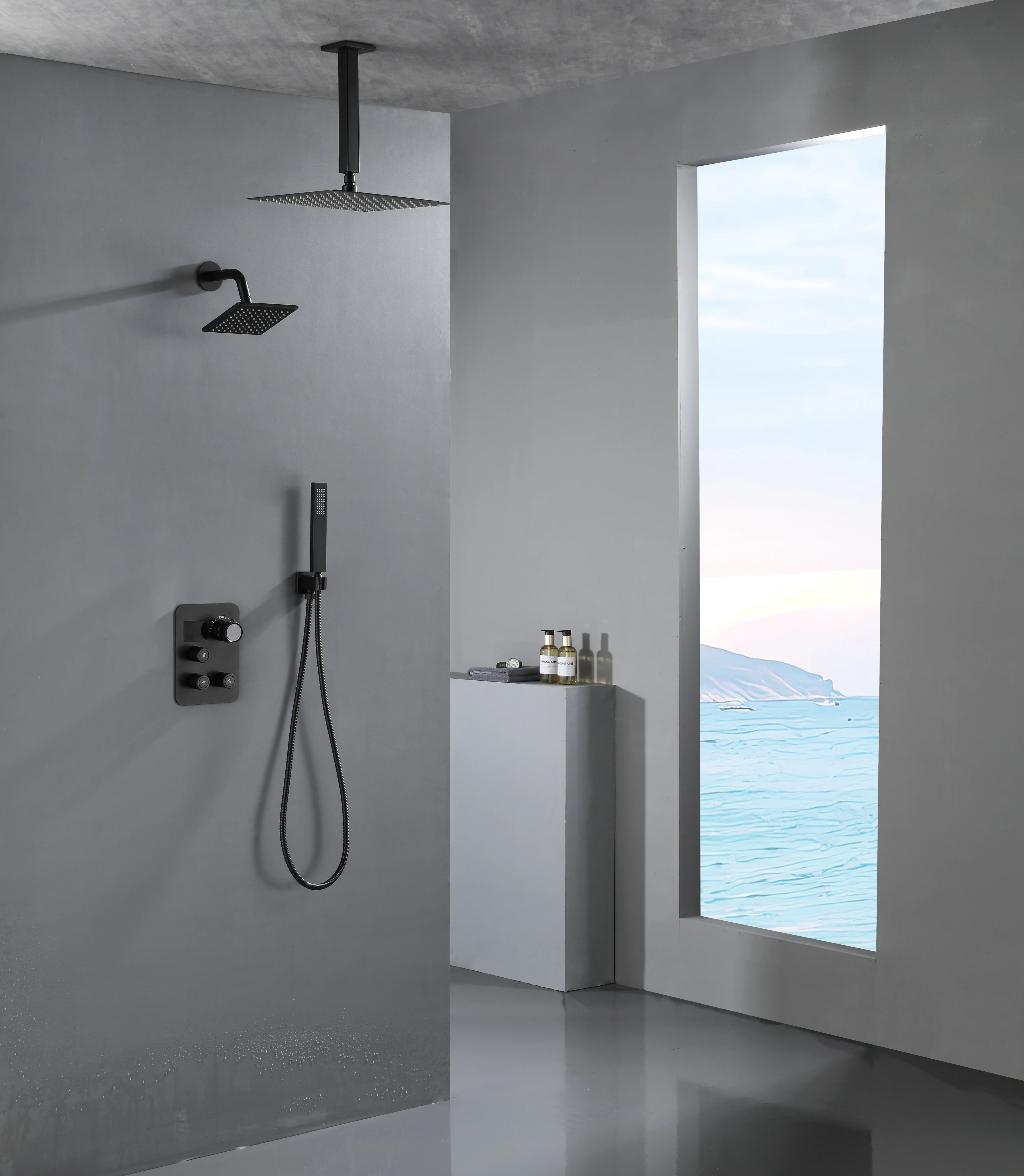 Matte black wall mount 6inch regular high water pressure shower head ceiling mount 16inch or 12 inch rainfall shower head 3 way thermostatic shower system - Image 17