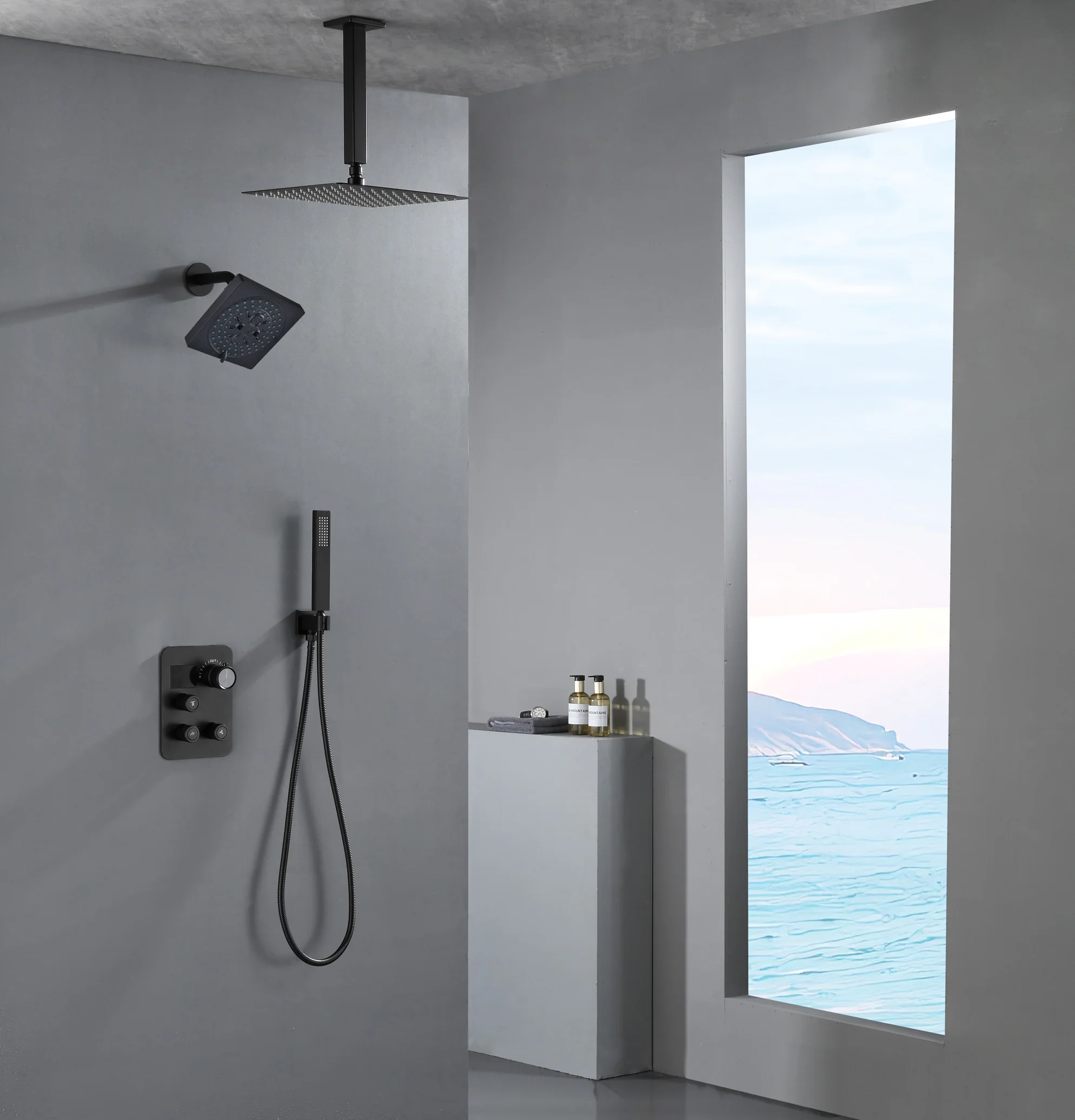 Matte black wall mount 6inch regular high water pressure shower head ceiling mount 16inch or 12 inch rainfall shower head 3 way thermostatic shower system - Image 18