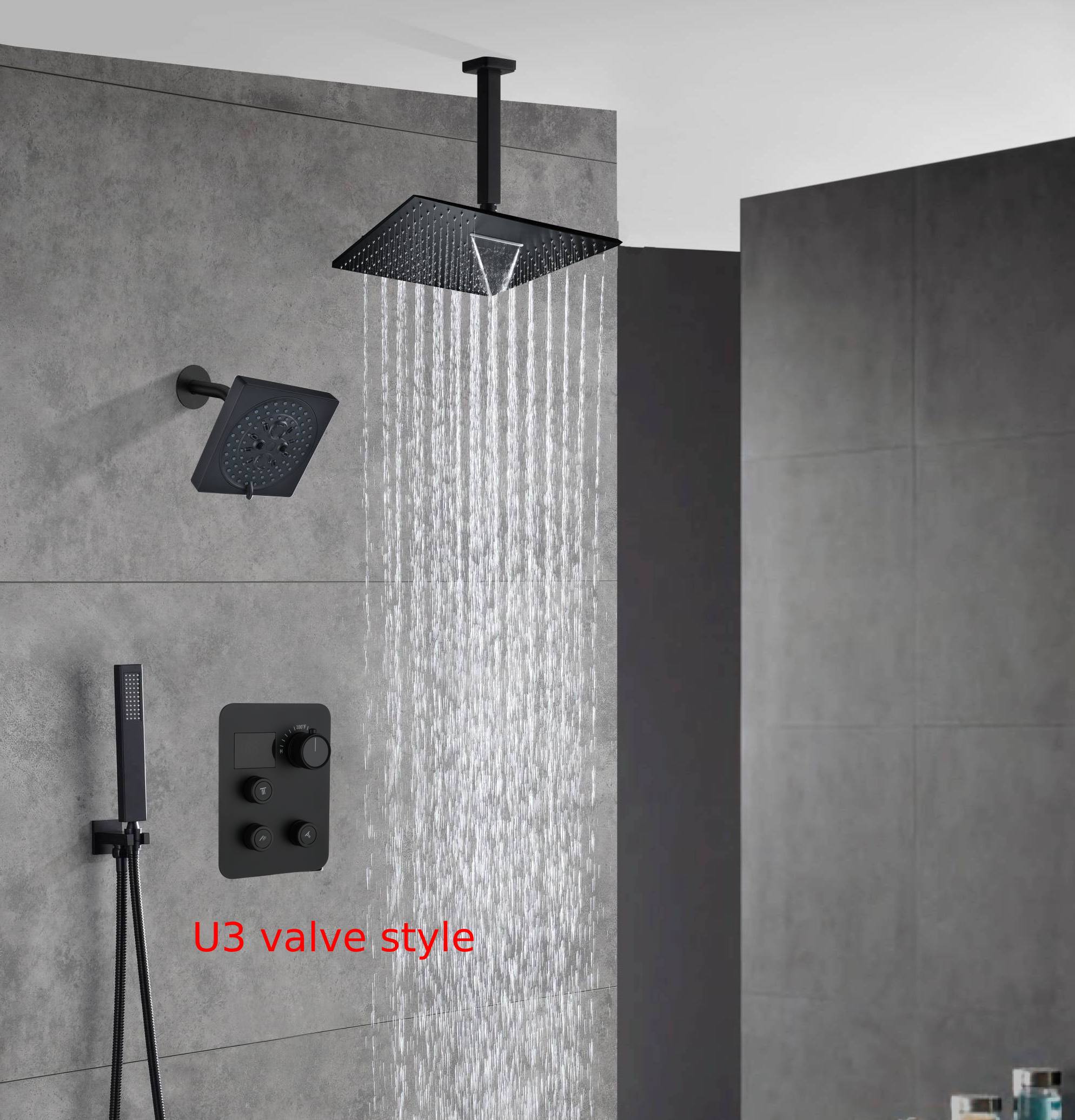 Matte black wall mount 6inch regular high water pressure shower head ceiling mount 16inch or 12 inch rainfall shower head 3 way thermostatic shower system - Image 19