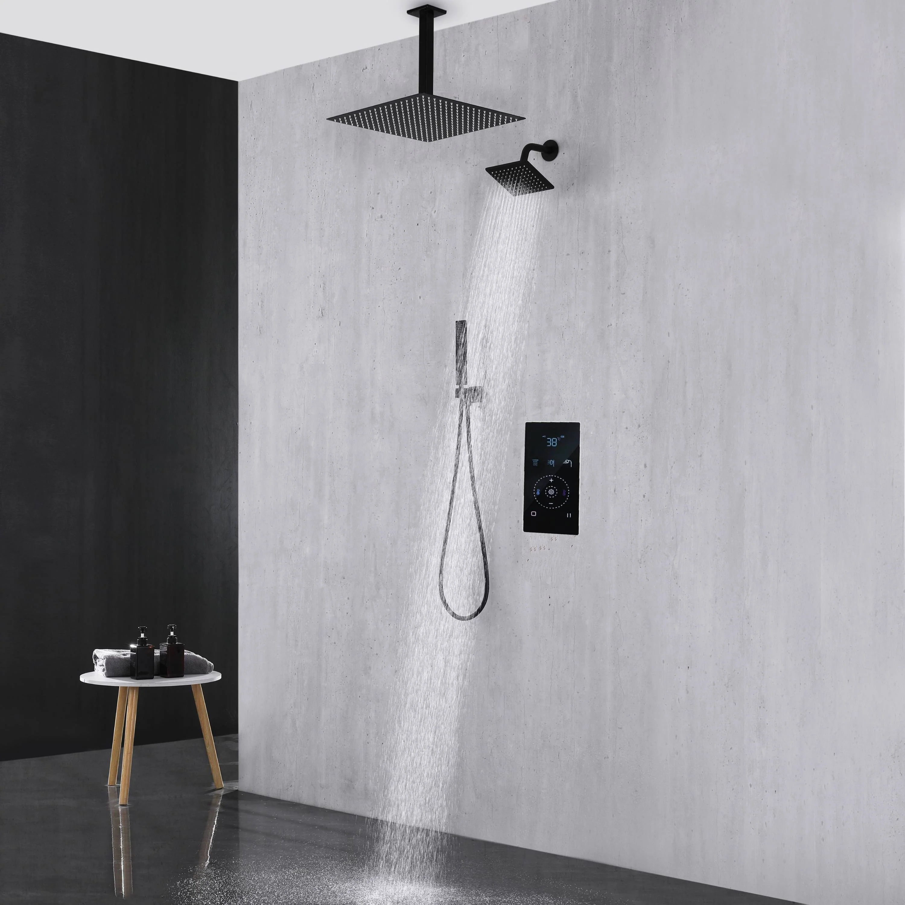 Matte black wall mount 6inch regular high water pressure shower head ceiling mount 16inch or 12 inch rainfall shower head 3 way thermostatic shower system - Image 21