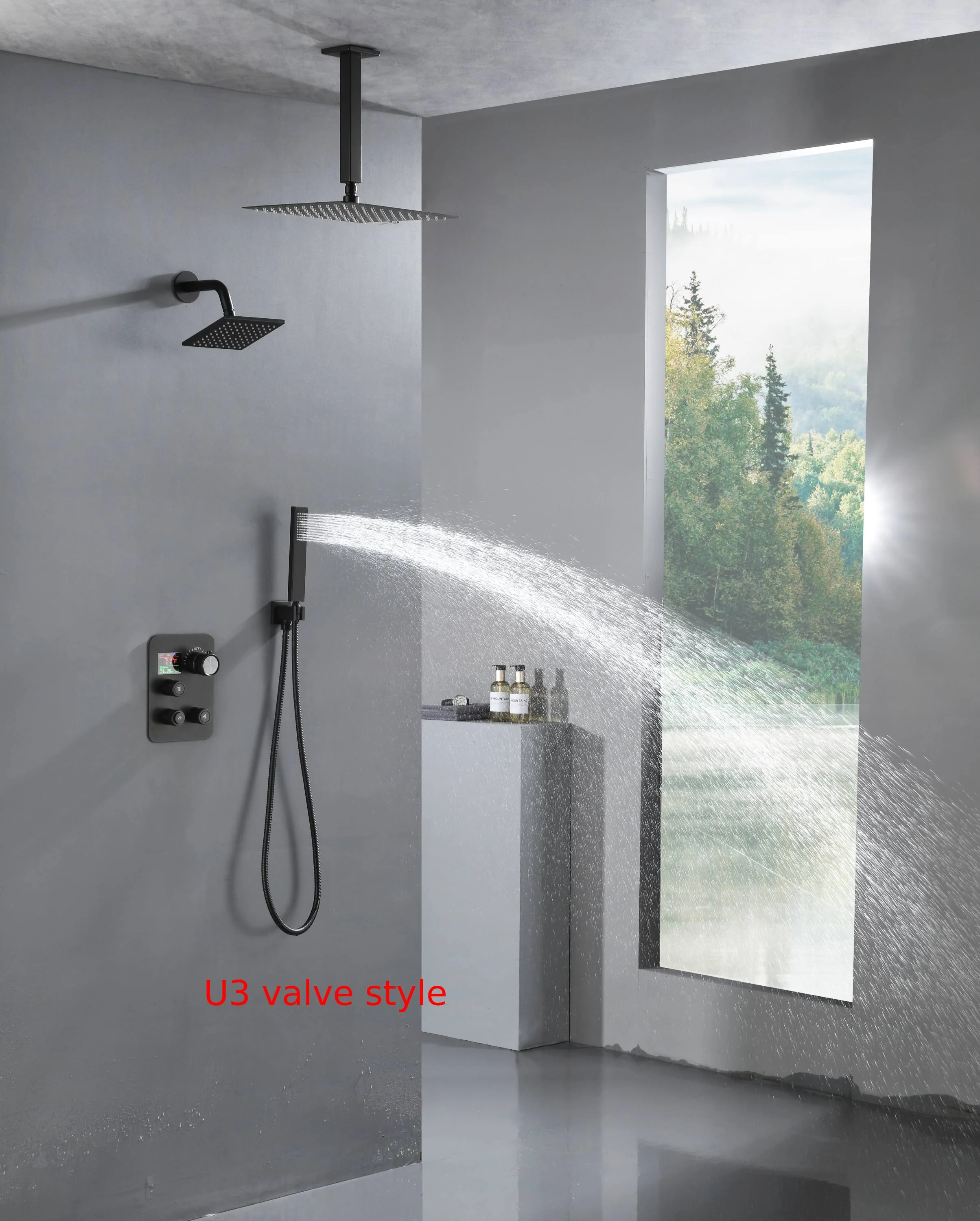 Matte black wall mount 6inch regular high water pressure shower head ceiling mount 16inch or 12 inch rainfall shower head 3 way thermostatic shower system - Image 24