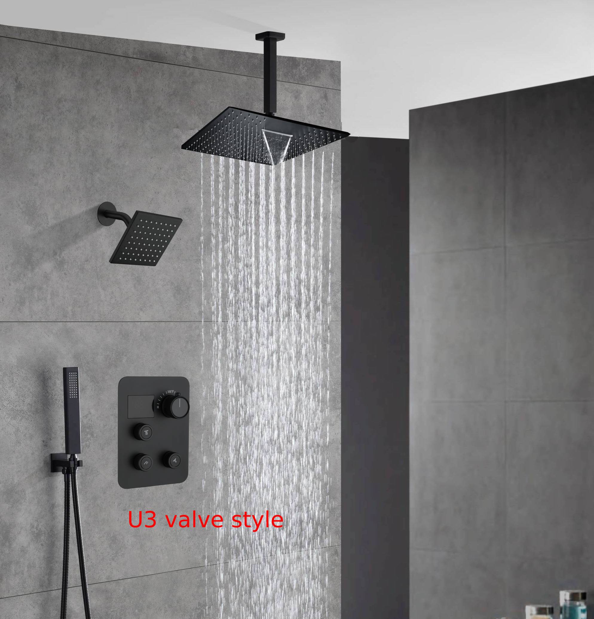 Matte black wall mount 6inch regular high water pressure shower head ceiling mount 16inch or 12 inch rainfall shower head 3 way thermostatic shower system - Image 25